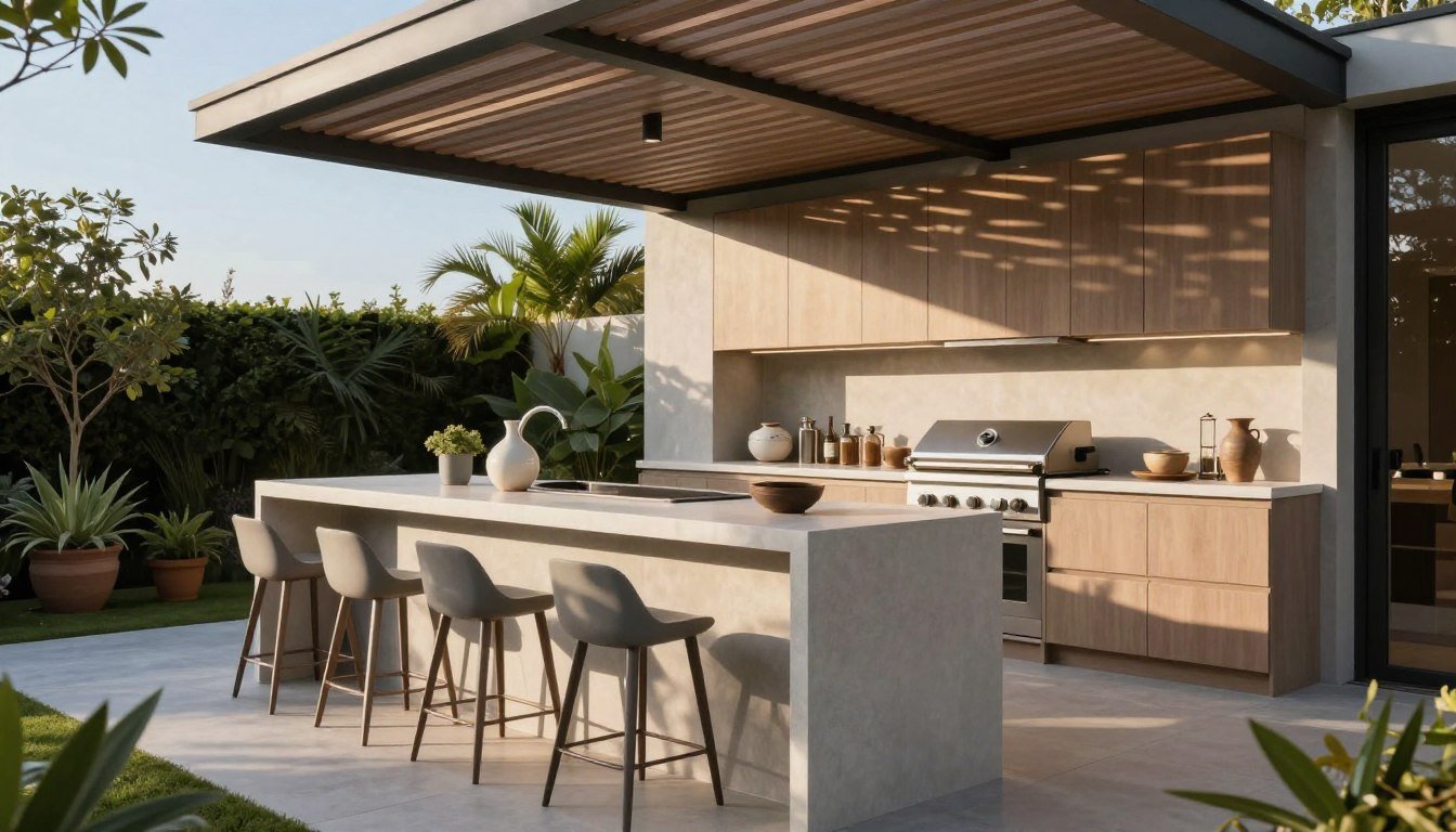 A modern outdoor kitchen featuring a stylish pergola overhead, providing shade. The foreground showcases minimalist bar seating with sleek, Nordic-inspired stools. The kitchen area includes a contemporary grill, a spacious countertop with stylish Japanese pottery, and storage cabinets that embody Japandi design. In the middle ground, lush greenery and potted plants create a serene atmosphere, while the background features a clear blue sky to enhance natural light. The scene is captured from a low angle, emphasizing the inviting space. Soft, warm lighting filters through the pergola slats, creating a relaxed, yet sophisticated mood, perfect for social gatherings and dining al fresco. A modern outdoor kitchen featuring a stylish pergola overhead, providing shade. The foreground showcases minimalist bar seating with sleek, Nordic-inspired stools. The kitchen area includes a contemporary grill, a spacious countertop with stylish Japanese pottery, and storage cabinets that embody Japandi design. In the middle ground, lush greenery and potted plants create a serene atmosphere, while the background features a clear blue sky to enhance natural light. The scene is captured from a low angle, emphasizing the inviting space. Soft, warm lighting filters through the pergola slats, creating a relaxed, yet sophisticated mood, perfect for social gatherings and dining al fresco.