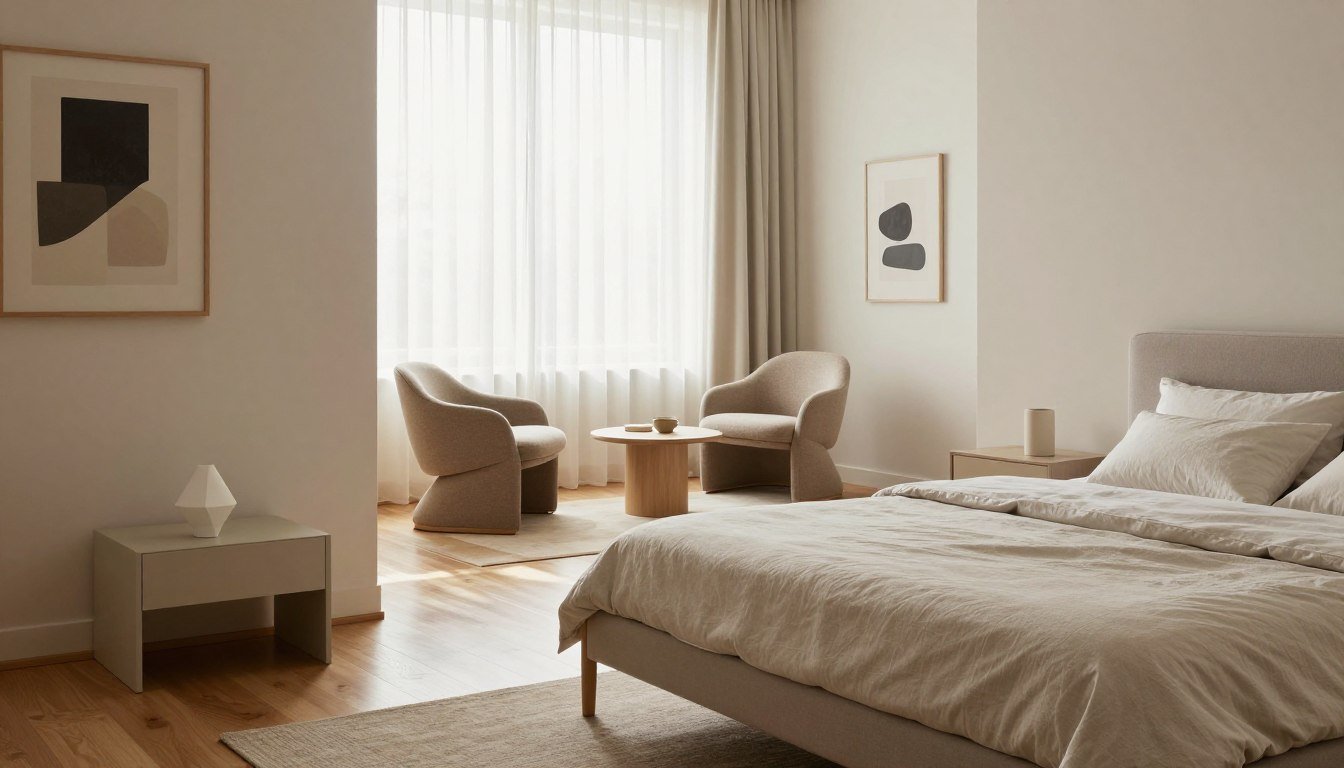 A serene Bauhaus bedroom featuring minimalist furniture with clean lines. In the foreground, a low-profile bed with a simple headboard, adorned with neutral-toned bedding. A sleek nightstand on one side holds a small, geometric lamp. In the middle, a cozy seating area with a sculptural chair and a small coffee table, surrounded by calming, earthy tones. The background showcases a large window with sheer curtains that allow soft, natural light to filter in, enhancing the tranquil atmosphere. Scandinavian-inspired wooden flooring reflects a sense of warmth, while abstract wall art in muted colors adds a touch of modernity. The overall mood is peaceful and inviting, perfect for relaxation and restful living. A serene Bauhaus bedroom featuring minimalist furniture with clean lines. In the foreground, a low-profile bed with a simple headboard, adorned with neutral-toned bedding. A sleek nightstand on one side holds a small, geometric lamp. In the middle, a cozy seating area with a sculptural chair and a small coffee table, surrounded by calming, earthy tones. The background showcases a large window with sheer curtains that allow soft, natural light to filter in, enhancing the tranquil atmosphere. Scandinavian-inspired wooden flooring reflects a sense of warmth, while abstract wall art in muted colors adds a touch of modernity. The overall mood is peaceful and inviting, perfect for relaxation and restful living.
