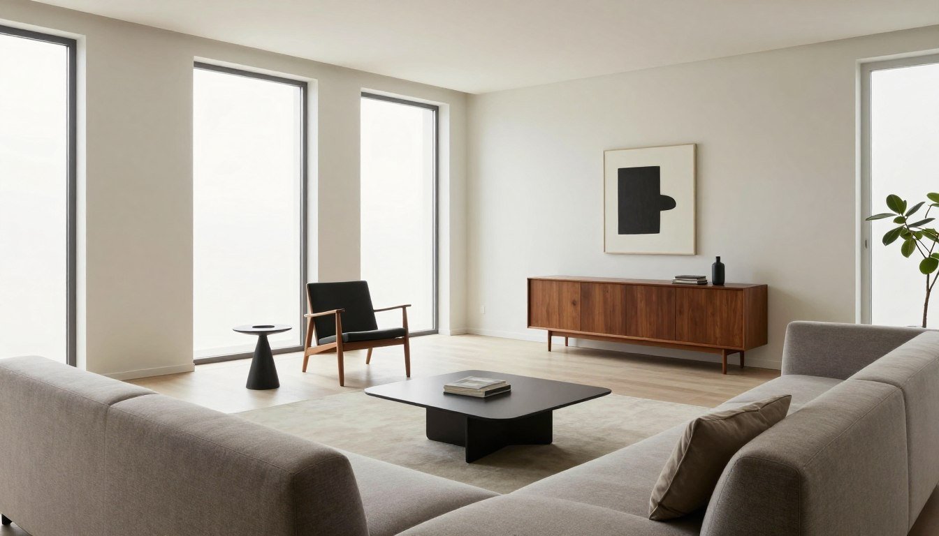 A serene Bauhaus interior featuring a spacious living area, emphasizing minimalist design with clean lines and functional furniture. The foreground includes a sleek, low-profile sofa in a muted color palette, complemented by a geometric coffee table. In the middle, a Scandinavian-inspired chair with a unique shape adds a touch of artistry. The background showcases large windows allowing soft natural light to flood the room, highlighting the simplicity and elegance of the space. A stylish sideboard and abstract wall art bring balance to the composition. The atmosphere is calm and inviting, embodying modern living principles while maintaining an aesthetic harmony. Use soft, diffused lighting captured with a wide-angle lens to enhance depth. A serene Bauhaus interior featuring a spacious living area, emphasizing minimalist design with clean lines and functional furniture. The foreground includes a sleek, low-profile sofa in a muted color palette, complemented by a geometric coffee table. In the middle, a Scandinavian-inspired chair with a unique shape adds a touch of artistry. The background showcases large windows allowing soft natural light to flood the room, highlighting the simplicity and elegance of the space. A stylish sideboard and abstract wall art bring balance to the composition. The atmosphere is calm and inviting, embodying modern living principles while maintaining an aesthetic harmony. Use soft, diffused lighting captured with a wide-angle lens to enhance depth.