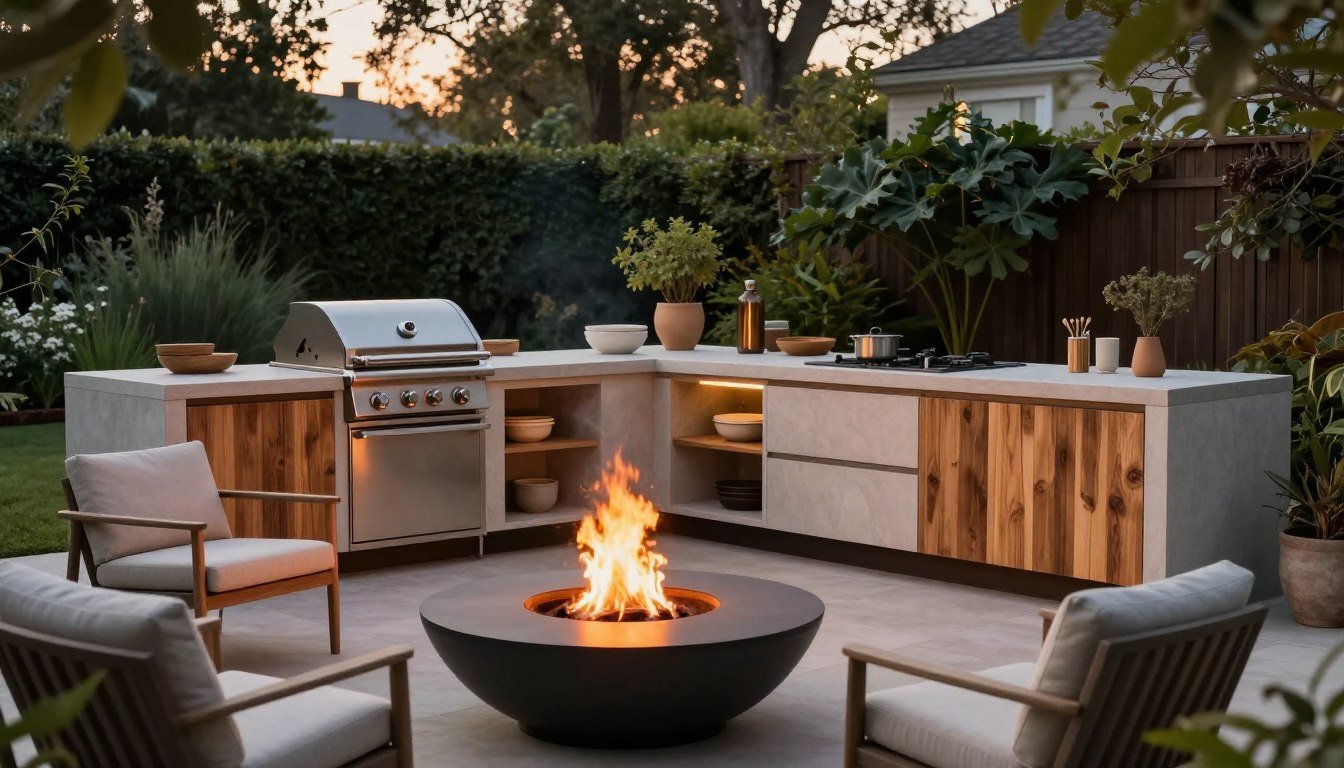 A serene backyard kitchen featuring fire elements, exuding a cozy atmosphere. In the foreground, a modern fire pit flickers warmly with orange flames, surrounded by minimalist Scandinavian outdoor furniture in neutral tones. The middle ground showcases a sleek outdoor kitchen equipped with a grill, elegant countertops, and rustic wooden accents, embodying Japandi style with a blend of functionality and aesthetic simplicity. In the background, lush greenery provides a tranquil setting, with soft, warm lighting casting gentle shadows as dusk falls. The scene captures the essence of outdoor dining, inviting relaxation and connection, all viewed from a slightly elevated angle to highlight the elegance and design of the space. A serene backyard kitchen featuring fire elements, exuding a cozy atmosphere. In the foreground, a modern fire pit flickers warmly with orange flames, surrounded by minimalist Scandinavian outdoor furniture in neutral tones. The middle ground showcases a sleek outdoor kitchen equipped with a grill, elegant countertops, and rustic wooden accents, embodying Japandi style with a blend of functionality and aesthetic simplicity. In the background, lush greenery provides a tranquil setting, with soft, warm lighting casting gentle shadows as dusk falls. The scene captures the essence of outdoor dining, inviting relaxation and connection, all viewed from a slightly elevated angle to highlight the elegance and design of the space.