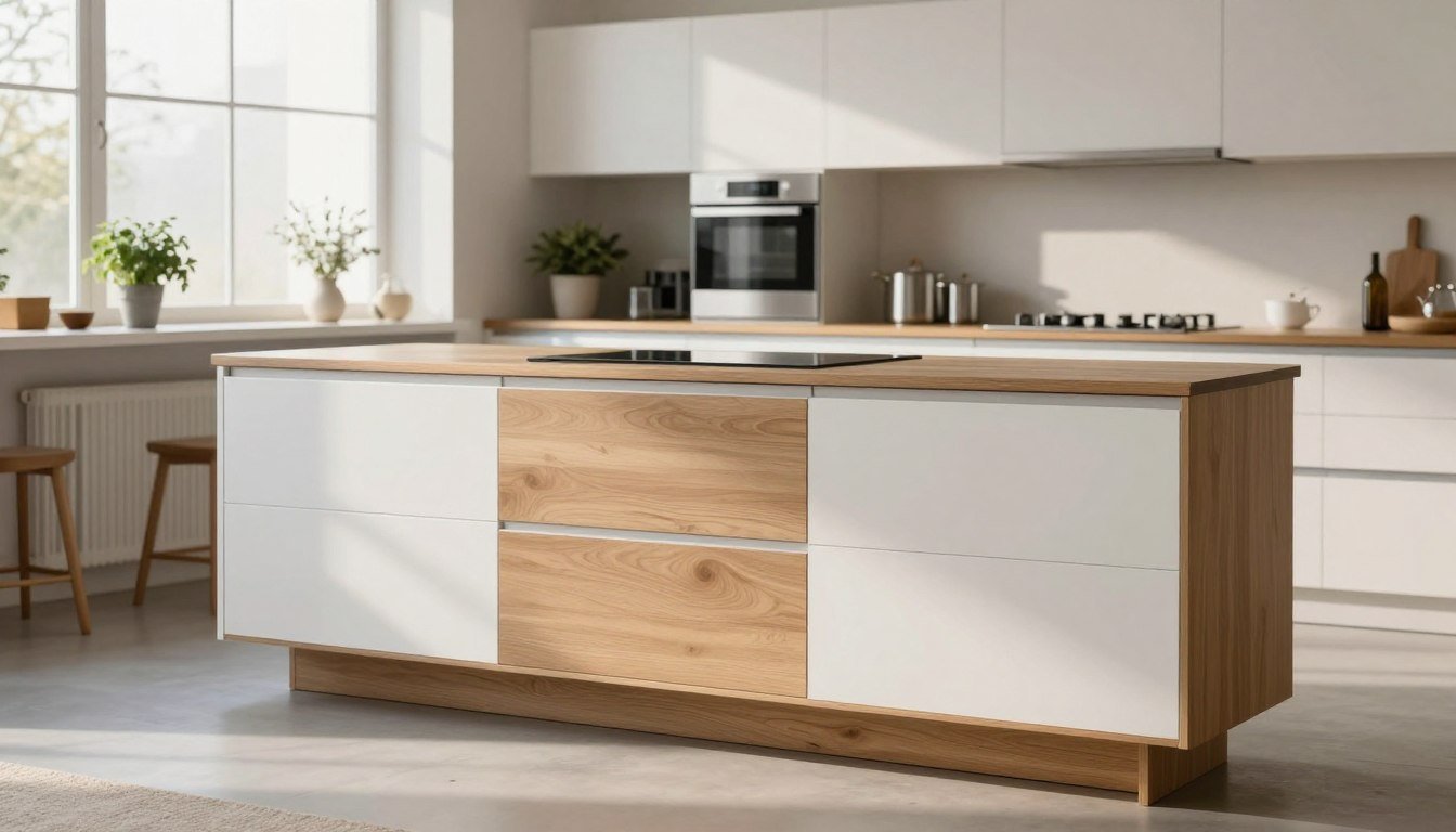 A sleek Bauhaus kitchen cabinet design, showcasing clean lines and minimalist aesthetics. The foreground features a stylish, functional kitchen cabinet with a combination of natural wood and smooth white surfaces. The cabinets are strategically arranged, creating a balance between form and function. In the middle ground, gleaming stainless steel appliances blend seamlessly, emphasizing the modern living concept. The background presents a softly lit open kitchen space, adorned with subtle Scandinavian decor elements like potted herbs on a windowsill. The warm light filters through a large window, casting gentle shadows that enhance the inviting atmosphere. The scene captures the essence of Bauhaus design, focusing on simplicity, utility, and elegance. A sleek Bauhaus kitchen cabinet design, showcasing clean lines and minimalist aesthetics. The foreground features a stylish, functional kitchen cabinet with a combination of natural wood and smooth white surfaces. The cabinets are strategically arranged, creating a balance between form and function. In the middle ground, gleaming stainless steel appliances blend seamlessly, emphasizing the modern living concept. The background presents a softly lit open kitchen space, adorned with subtle Scandinavian decor elements like potted herbs on a windowsill. The warm light filters through a large window, casting gentle shadows that enhance the inviting atmosphere. The scene captures the essence of Bauhaus design, focusing on simplicity, utility, and elegance.