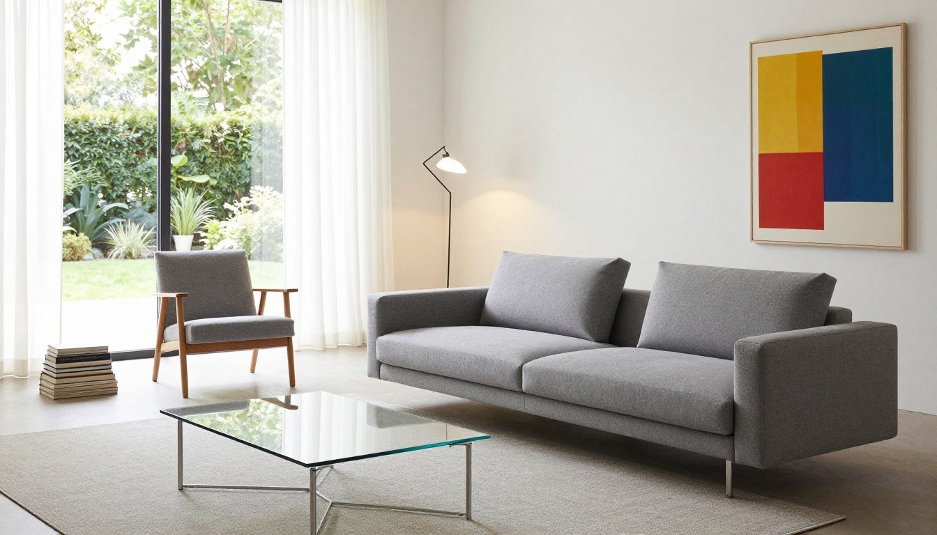 A spacious Bauhaus living room featuring minimalist design elements with clean lines and functional furniture. Foreground: a sleek, low-profile sofa in muted gray fabric with geometric cushions, complemented by a modern coffee table made of glass and metal. Middle ground: an elegant armchair with natural wood accents, a stack of simple art books, and a floor lamp with an angular design providing soft, warm lighting. Background: large windows letting in natural light with sheer drapery that frames a view of a serene outdoor garden. The walls are adorned with abstract art pieces in primary colors. The scene should evoke a sense of calm modernity, inviting and aesthetically pleasing, shot from a slight angle to emphasize depth and space. A spacious Bauhaus living room featuring minimalist design elements with clean lines and functional furniture. Foreground: a sleek, low-profile sofa in muted gray fabric with geometric cushions, complemented by a modern coffee table made of glass and metal. Middle ground: an elegant armchair with natural wood accents, a stack of simple art books, and a floor lamp with an angular design providing soft, warm lighting. Background: large windows letting in natural light with sheer drapery that frames a view of a serene outdoor garden. The walls are adorned with abstract art pieces in primary colors. The scene should evoke a sense of calm modernity, inviting and aesthetically pleasing, shot from a slight angle to emphasize depth and space.
