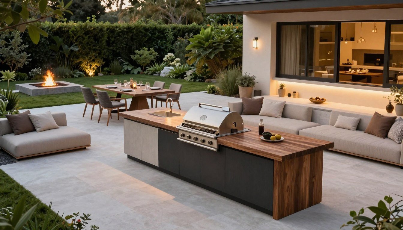 An elegant outdoor kitchen layout designed for year-round enjoyment, featuring a minimalist Japandi style with Scandinavian influences. In the foreground, a sleek, dark wood counter with an integrated grilling station, surrounded by soft, comfortable seating in natural tones. The middle area showcases a modern dining table with stylish chairs, creating an inviting space for gatherings. In the background, a lush garden with vibrant greenery and a cozy fire pit, adding to the ambiance. The scene is illuminated by warm, ambient lighting that enhances the atmosphere during twilight, captured with a wide-angle lens to emphasize the spaciousness and harmonized design elements. The overall mood is tranquil, sophisticated, and perfect for entertaining family and friends. A cozy small backyard outdoor kitchen layout with a built-in grill, designed in a Japandi style.