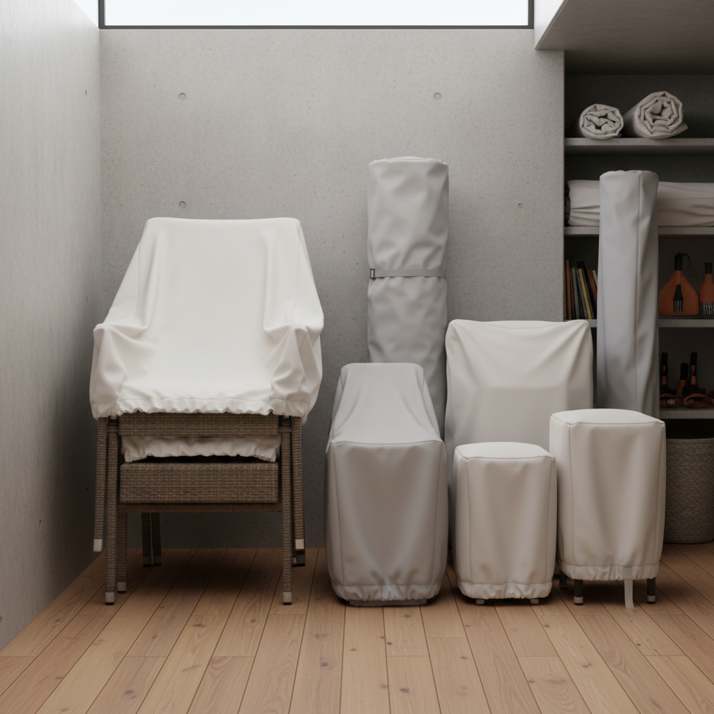 A well-maintained poolside lounger in a minimalist Japandi-inspired setting. Sunlight filters through sheer white curtains, casting a warm glow on the dwellstudio24 teak wood and woven rattan furniture. A small side table holds a potted plant, adding a touch of Scandinavian nature. The scene exudes a serene, Nordic atmosphere, inviting relaxation amidst the lush greenery beyond. A clean, decluttered composition captures the essence of effortless poolside maintenance. Essential Outdoor Furniture for Your Summer Poolside Retreat