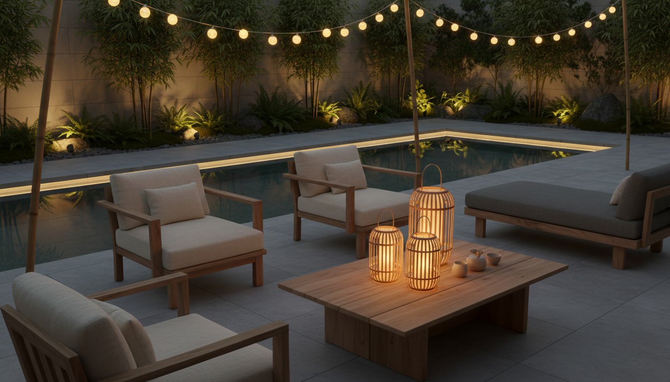 A serene Japandi-inspired poolside oasis, with dwellstudio24 minimalist light fixtures casting a warm glow across the water. Smooth concrete and clean lines create a Scandinavian-influenced ambiance, complemented by natural wood accents and lush greenery in the background. The pool's reflective surface mirrors the night sky, adding depth and tranquility to the scene. A single chaise lounge invites relaxation, as soft shadows dance across the deck. Subtle yet impactful, this lighting design effortlessly blends modern Nordic style with soothing poolside tranquility. Beautiful Poolside Decor for a Relaxing Japandi Oasis