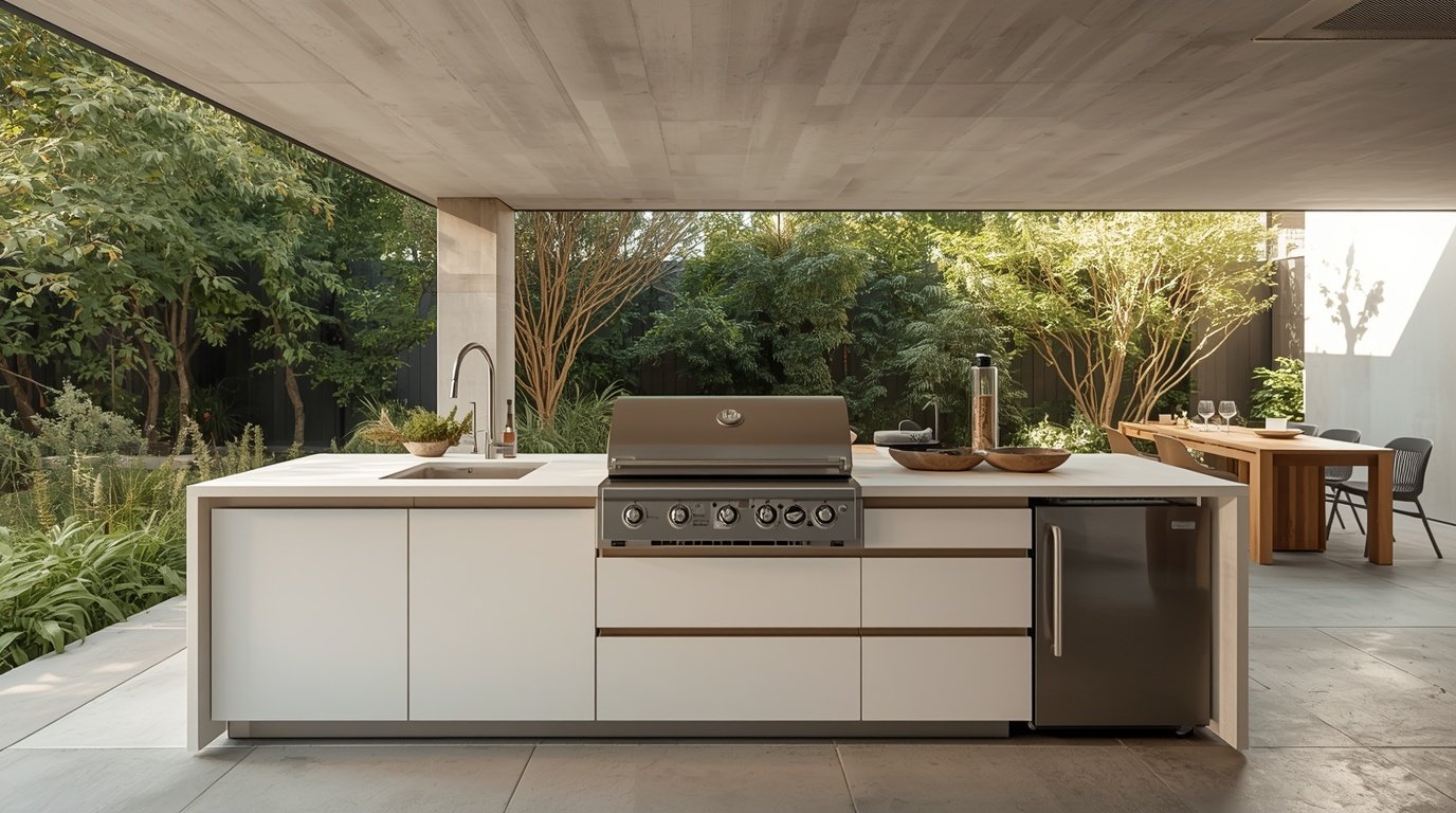 A beautifully designed outdoor BBQ island featuring a sleek minimalist style, incorporating elements of Japandi and Scandinavian aesthetics. In the foreground, include a modern stainless steel sink with a polished faucet, and a compact refrigerator seamlessly integrated into the structure. Storage drawers with clean lines and natural wood accents should be positioned beneath the counter, adding to the overall functionality. The middle ground showcases the BBQ grill, surrounded by a spacious countertop ideal for meal prep, all set against a backdrop of lush greenery and an inviting patio setting. Soft, natural lighting highlights the textures of the materials, while a wide-angle perspective captures the entire outdoor space, evoking a warm, relaxed atmosphere perfect for gatherings.