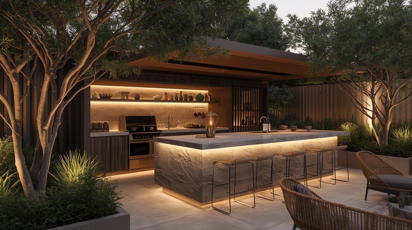 An elegant outdoor kitchen bar designed in a Japandi style, featuring a minimalist aesthetic with Scandinavian and Nordic influences. In the foreground, a sleek wooden bar with high stools, surrounded by lush greenery and modern stone tiles. The middle ground showcases an outdoor kitchen area with a built-in grill, minimalist shelving holding stylish dishware, and pendant lighting casting a warm glow. In the background, a serene garden landscape with soft, natural lighting enhances the inviting atmosphere. The scene is captured from a slightly elevated angle, emphasizing the seamless integration of the kitchen bar into the outdoor space, evoking a cozy yet sophisticated mood perfect for entertaining guests. A cozy small backyard outdoor kitchen layout with a built-in grill, designed in a Japandi style.