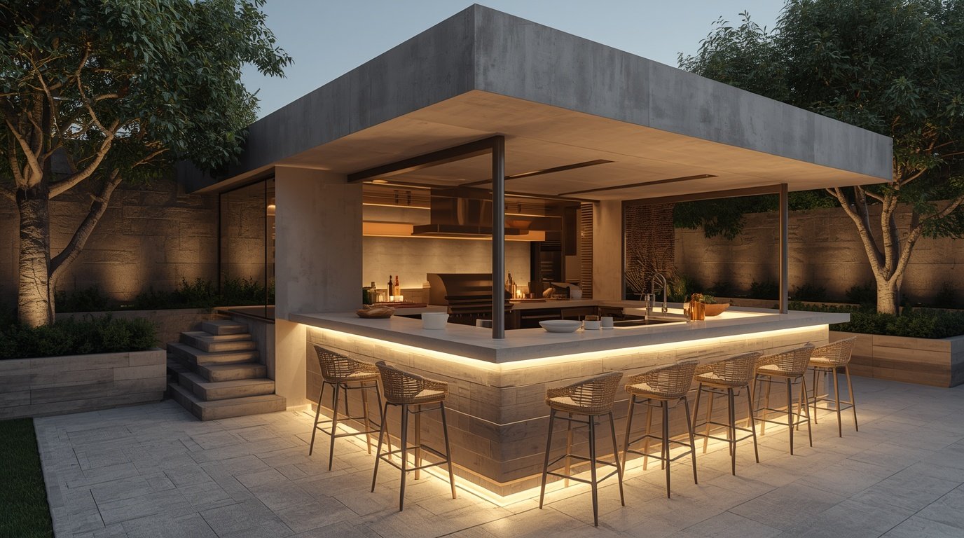 An elegant outdoor kitchen bar designed in a Japandi style, featuring a minimalist aesthetic with Scandinavian and Nordic influences. In the foreground, a sleek wooden bar with high stools, surrounded by lush greenery and modern stone tiles. The middle ground showcases an outdoor kitchen area with a built-in grill, minimalist shelving holding stylish dishware, and pendant lighting casting a warm glow. In the background, a serene garden landscape with soft, natural lighting enhances the inviting atmosphere. The scene is captured from a slightly elevated angle, emphasizing the seamless integration of the kitchen bar into the outdoor space, evoking a cozy yet sophisticated mood perfect for entertaining guests. A cozy small backyard outdoor kitchen layout with a built-in grill, designed in a Japandi style.