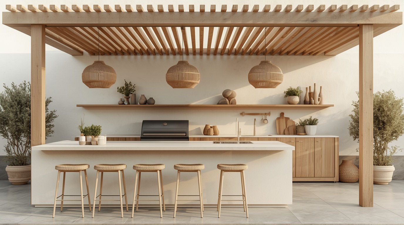 A modern outdoor kitchen featuring a stylish pergola overhead, providing shade. The foreground showcases minimalist bar seating with sleek, Nordic-inspired stools. The kitchen area includes a contemporary grill, a spacious countertop with stylish Japanese pottery, and storage cabinets that embody Japandi design. In the middle ground, lush greenery and potted plants create a serene atmosphere, while the background features a clear blue sky to enhance natural light. The scene is captured from a low angle, emphasizing the inviting space. Soft, warm lighting filters through the pergola slats, creating a relaxed, yet sophisticated mood, perfect for social gatherings and dining al fresco.