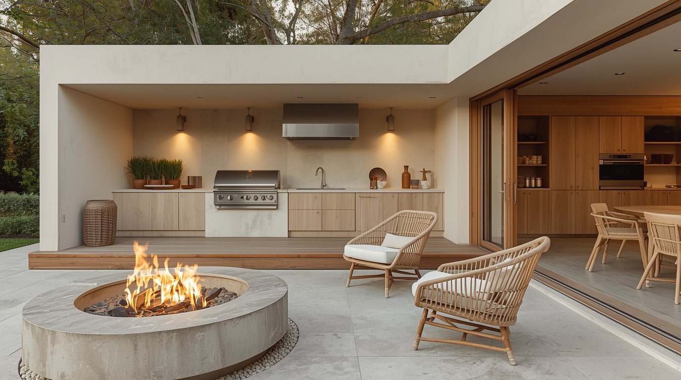 A serene backyard kitchen featuring fire elements, exuding a cozy atmosphere. In the foreground, a modern fire pit flickers warmly with orange flames, surrounded by minimalist Scandinavian outdoor furniture in neutral tones. The middle ground showcases a sleek outdoor kitchen equipped with a grill, elegant countertops, and rustic wooden accents, embodying Japandi style with a blend of functionality and aesthetic simplicity. In the background, lush greenery provides a tranquil setting, with soft, warm lighting casting gentle shadows as dusk falls. The scene captures the essence of outdoor dining, inviting relaxation and connection, all viewed from a slightly elevated angle to highlight the elegance and design of the space. A cozy small backyard outdoor kitchen layout with a built-in grill, designed in a Japandi style.