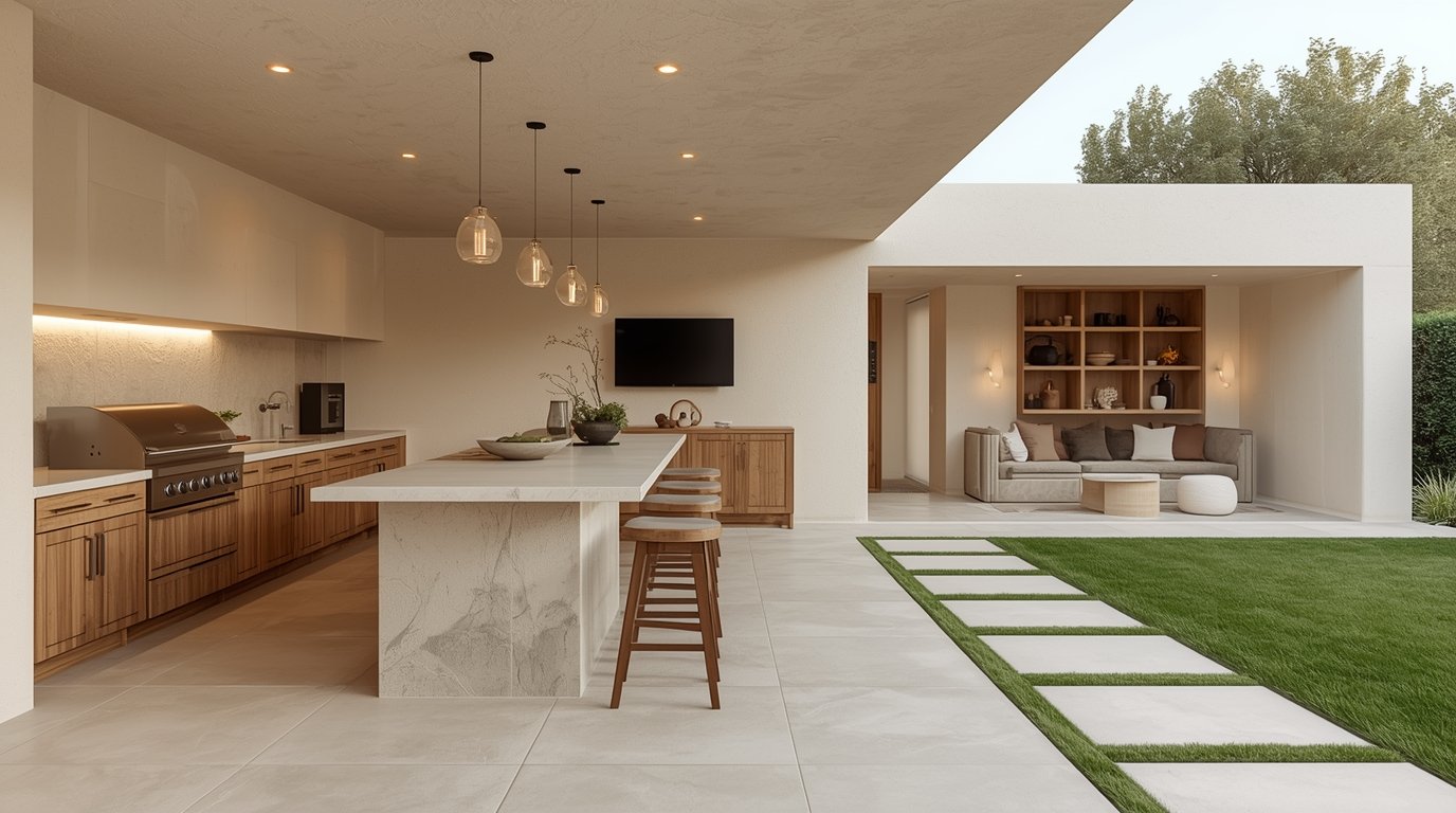 An elegant outdoor kitchen layout designed for year-round enjoyment, featuring a minimalist Japandi style with Scandinavian influences. In the foreground, a sleek, dark wood counter with an integrated grilling station, surrounded by soft, comfortable seating in natural tones. The middle area showcases a modern dining table with stylish chairs, creating an inviting space for gatherings. In the background, a lush garden with vibrant greenery and a cozy fire pit, adding to the ambiance. The scene is illuminated by warm, ambient lighting that enhances the atmosphere during twilight, captured with a wide-angle lens to emphasize the spaciousness and harmonized design elements. The overall mood is tranquil, sophisticated, and perfect for entertaining family and friends. A cozy small backyard outdoor kitchen layout with a built-in grill, designed in a Japandi style.