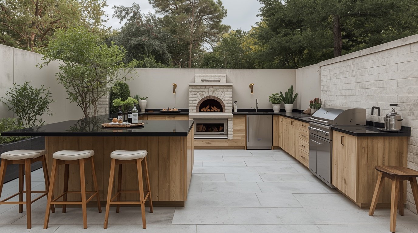 A contemporary outdoor kitchen featuring sleek Dekton countertops, set in a stylish, minimalist Japandi style. In the foreground, a well-designed island bar with tall stools invites social gatherings. The countertops are made of polished black Dekton, reflecting light, and complemented by warm, wooden cabinetry. In the middle ground, a built-in grill and a stone pizza oven showcase functional elegance, while herb planters add greenery. The background highlights a serene outdoor dining area, framed by nature, with soft ambient lighting creating a cozy atmosphere as dusk approaches. Capture the scene from a slightly elevated angle, ensuring the kitchen's clean lines and harmonious colors merge seamlessly with the tranquil outdoor setting. The mood is inviting and sophisticated, perfect for relaxation and entertaining.