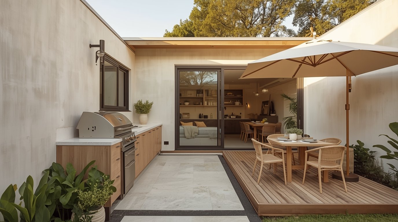 A cozy small backyard outdoor kitchen layout with a built-in grill, designed in a Japandi style. The foreground features a sleek, minimalist countertop with elegant utensils and a serene potted plant. In the middle ground, vibrant greenery surrounds the area, with a modern, integrated grill station offering a touch of Scandinavian design. Simple wooden stools with soft cushions provide seating, enhancing the inviting atmosphere. The background captures a serene garden with lush trees under a clear blue sky, casting gentle, dappled sunlight across the space. The image is taken from a slightly elevated angle, emphasizing the harmony of design and nature, evoking a tranquil, yet functional outdoor oasis perfect for gatherings. A cozy small backyard outdoor kitchen layout with a built-in grill, designed in a Japandi style.