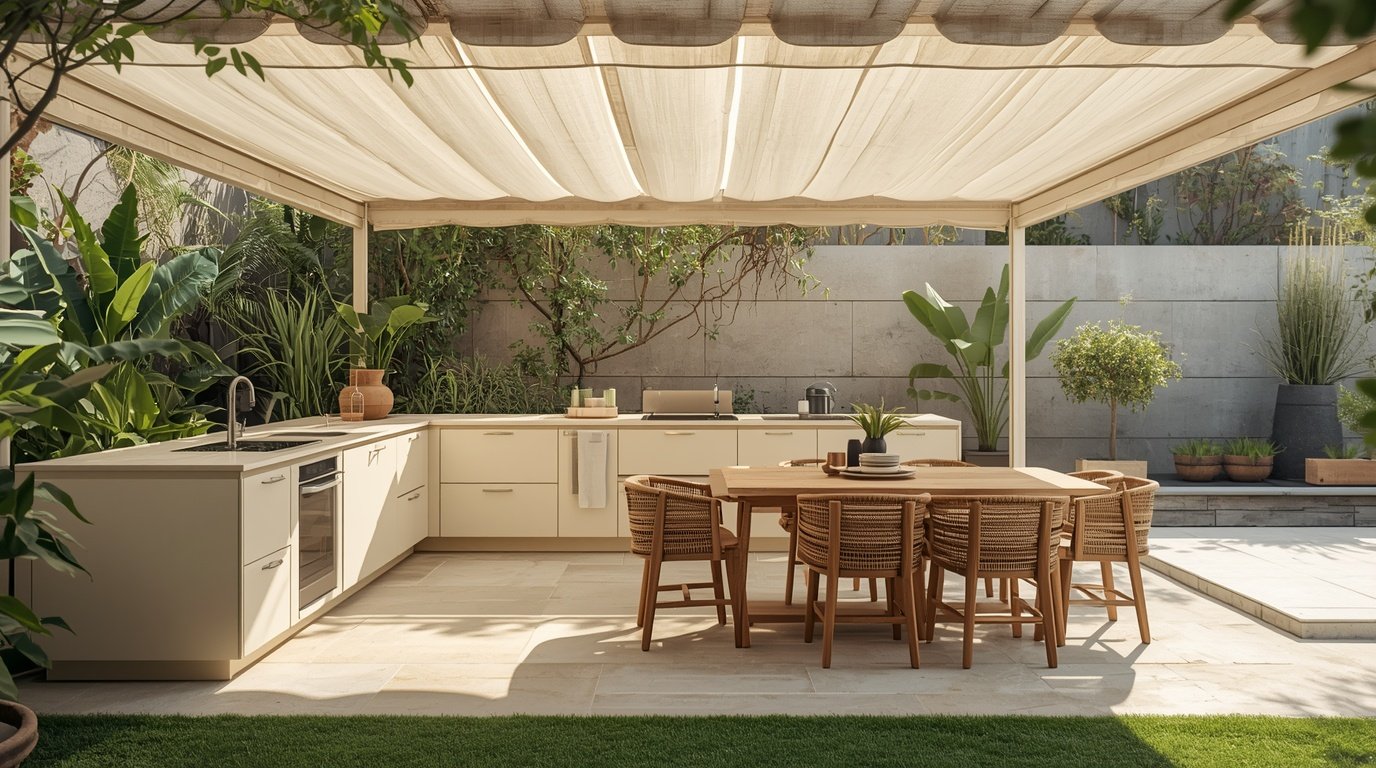 An elegant outdoor kitchen layout designed for year-round enjoyment, featuring a minimalist Japandi style with Scandinavian influences. In the foreground, a sleek, dark wood counter with an integrated grilling station, surrounded by soft, comfortable seating in natural tones. The middle area showcases a modern dining table with stylish chairs, creating an inviting space for gatherings. In the background, a lush garden with vibrant greenery and a cozy fire pit, adding to the ambiance. The scene is illuminated by warm, ambient lighting that enhances the atmosphere during twilight, captured with a wide-angle lens to emphasize the spaciousness and harmonized design elements. The overall mood is tranquil, sophisticated, and perfect for entertaining family and friends. A cozy small backyard outdoor kitchen layout with a built-in grill, designed in a Japandi style.