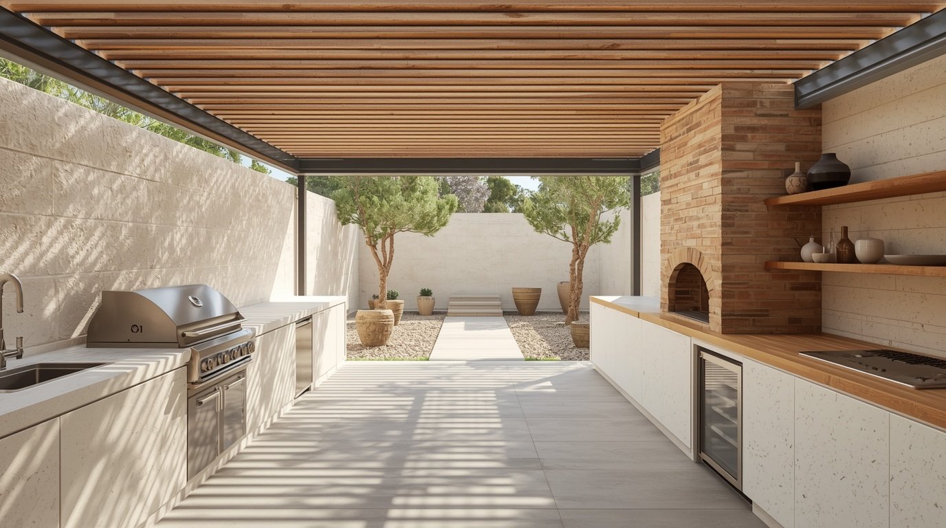 An elegant outdoor kitchen layout designed for year-round enjoyment, featuring a minimalist Japandi style with Scandinavian influences. In the foreground, a sleek, dark wood counter with an integrated grilling station, surrounded by soft, comfortable seating in natural tones. The middle area showcases a modern dining table with stylish chairs, creating an inviting space for gatherings. In the background, a lush garden with vibrant greenery and a cozy fire pit, adding to the ambiance. The scene is illuminated by warm, ambient lighting that enhances the atmosphere during twilight, captured with a wide-angle lens to emphasize the spaciousness and harmonized design elements. The overall mood is tranquil, sophisticated, and perfect for entertaining family and friends. A cozy small backyard outdoor kitchen layout with a built-in grill, designed in a Japandi style.