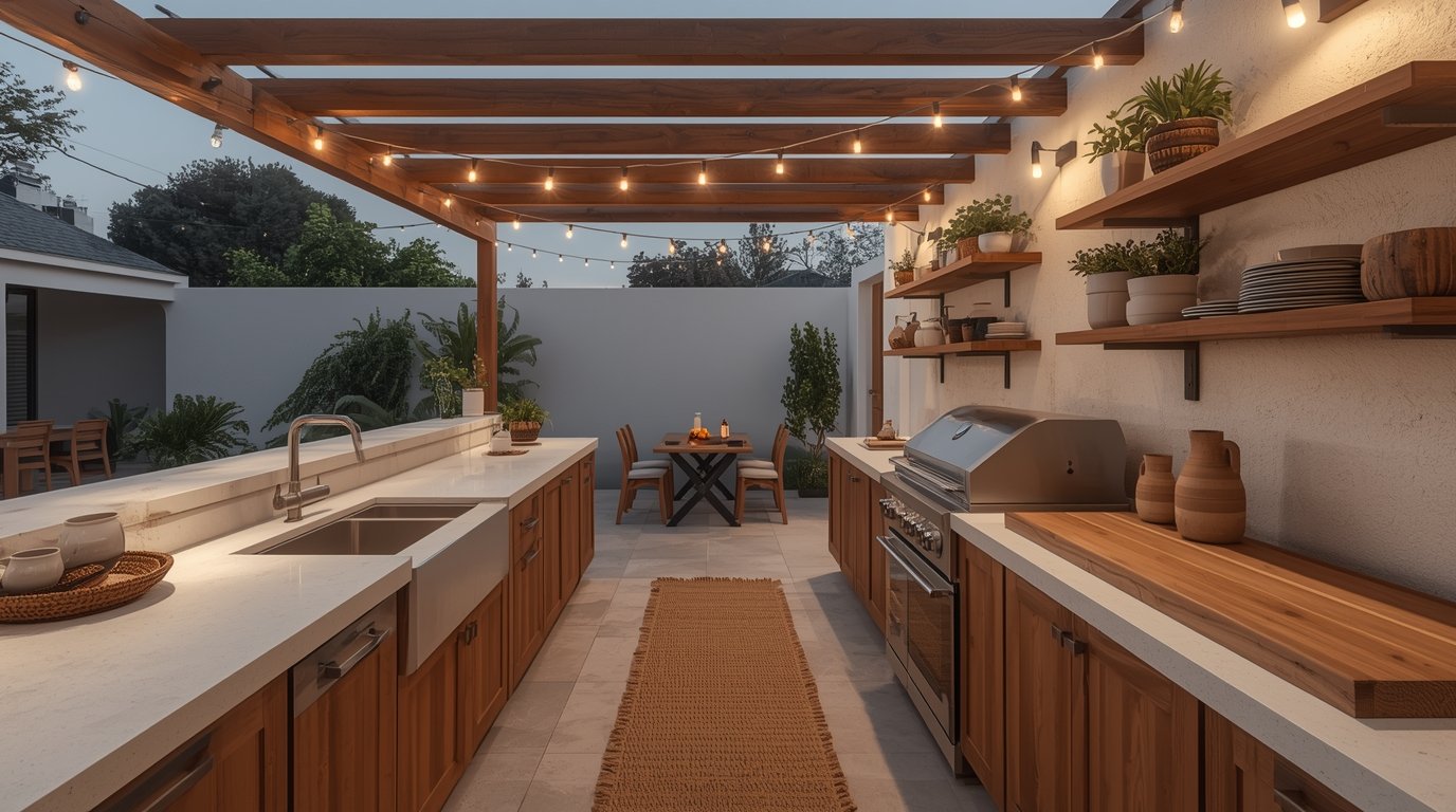 An elegant outdoor kitchen layout designed for year-round enjoyment, featuring a minimalist Japandi style with Scandinavian influences. In the foreground, a sleek, dark wood counter with an integrated grilling station, surrounded by soft, comfortable seating in natural tones. The middle area showcases a modern dining table with stylish chairs, creating an inviting space for gatherings. In the background, a lush garden with vibrant greenery and a cozy fire pit, adding to the ambiance. The scene is illuminated by warm, ambient lighting that enhances the atmosphere during twilight, captured with a wide-angle lens to emphasize the spaciousness and harmonized design elements. The overall mood is tranquil, sophisticated, and perfect for entertaining family and friends. A cozy small backyard outdoor kitchen layout with a built-in grill, designed in a Japandi style.