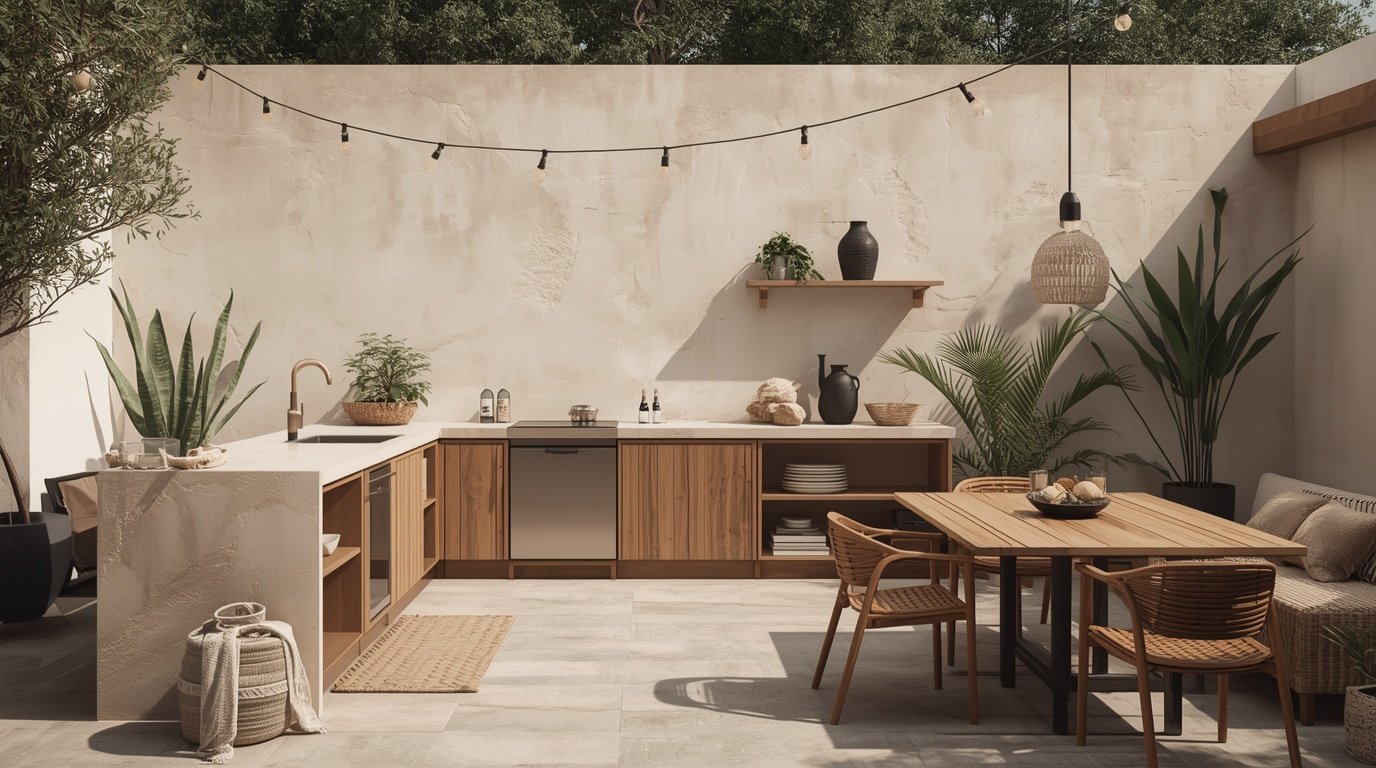 Compact L-shaped outdoor kitchen set in a narrow patio, showcasing a seamless blend of Japandi and minimalist Scandinavian styles. In the foreground, a sleek, modern kitchen island with a built-in grill, minimalist cabinetry, and elegant wooden accents. The middle ground features a beautifully arranged seating area with stylish, modest outdoor furniture, surrounded by lush greenery and potted plants for a calming atmosphere. The background highlights a cozy urban environment with soft evening lighting, enhancing the inviting mood. Captured at a slightly elevated angle, emphasize the efficient use of space and the harmonious blend of natural materials. The overall atmosphere is tranquil yet stylish, perfect for outdoor entertaining in a compact setting.