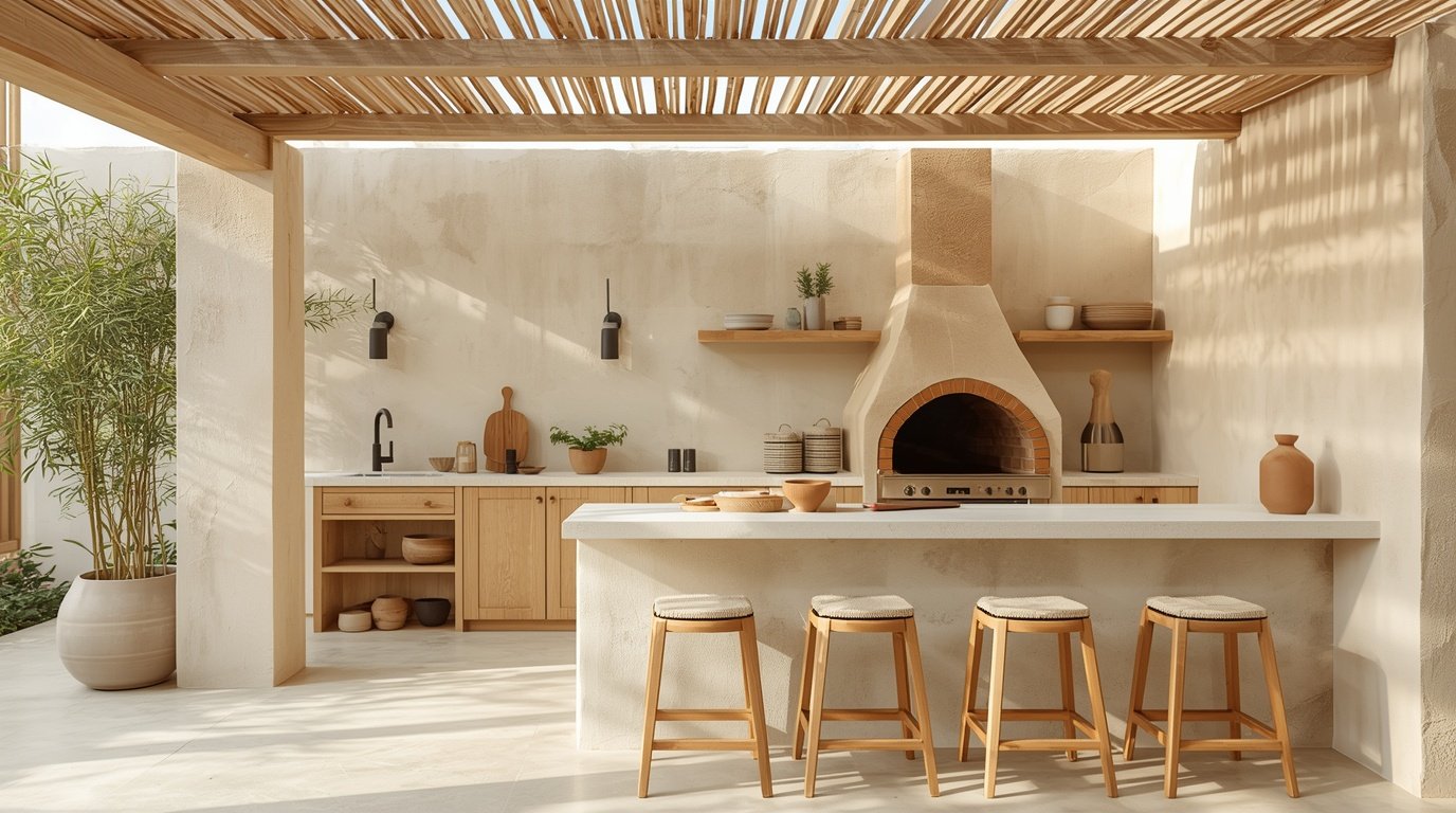 A luxurious outdoor kitchen featuring a stunning pizza oven and beverage center, designed in a Japandi style that combines minimalist Scandinavian and Nordic aesthetics. In the foreground, a sleek, polished wooden table is adorned with elegant tableware, while modern bar stools provide a contemporary touch. The middle section captures the beautifully crafted pizza oven, surrounded by a stylish countertop, with a built-in refrigerator and a wine cooler adjacent to it. In the background, lush greenery and soft ambient lighting enhance the serene atmosphere. The setting is bathed in warm golden hour sunlight, casting inviting shadows. The scene conveys a tranquil yet sophisticated mood, perfect for entertaining guests or enjoying quiet evenings outdoors. Modern Outdoor Kitchen Ideas: Dream Backyard Oasis for Alfresco Dining