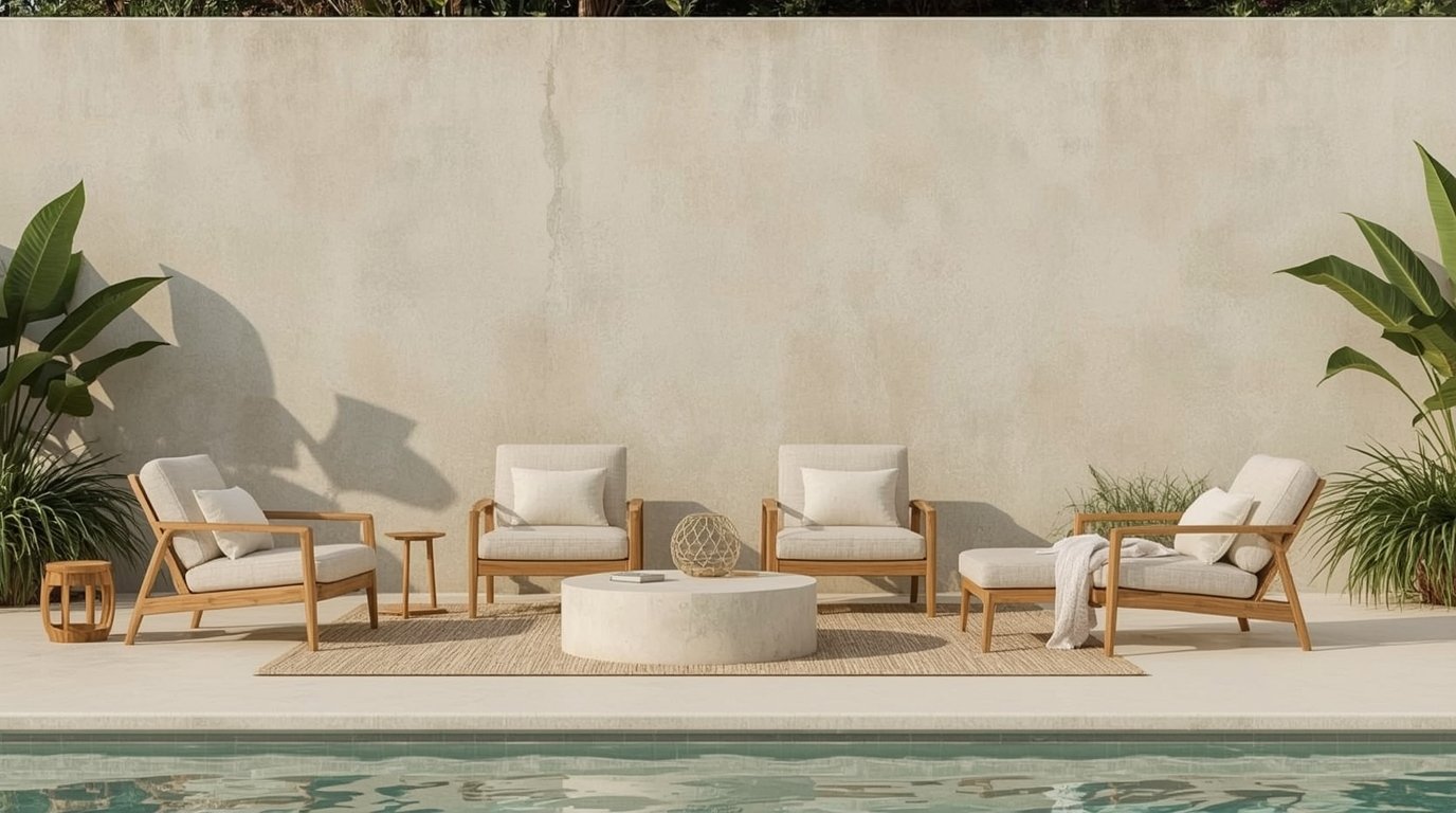 A cozy Japandi-style lounge space with dwellstudio24 minimalist chairs. Soft neutral tones and clean lines create a serene ambiance. Diffused natural light filters through large windows, casting a warm glow on the scene. The chairs are arranged in a conversational layout, inviting relaxation by the poolside. Smooth wooden textures and soft fabrics blend seamlessly, reflecting the Scandinavian-inspired Nordic aesthetic. A tranquil oasis, perfect for unwinding on a summer day.