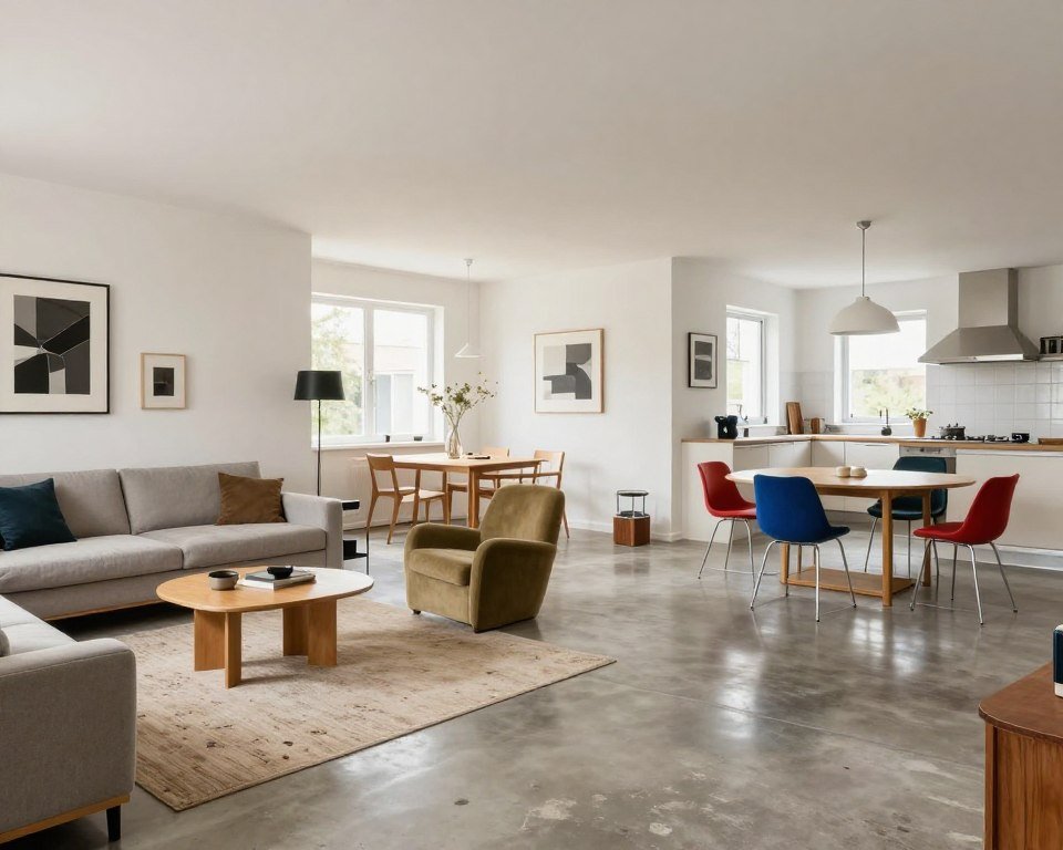 A modern Bauhaus living room featuring clean lines and an open layout. The foreground includes a sleek, low-profile sofa with geometric cushions and a minimalist coffee table made of wood and metal. In the middle, a stylish rug complements the light-colored hardwood floor. A large window lets in natural light, illuminating a curated selection of plants and sculptural decor that reflects Danish and Scandinavian design aesthetics. The background showcases a neutral wall adorned with abstract art, further emphasizing the room's minimalist style. Use soft, diffused lighting to create a warm and inviting atmosphere, captured from a slightly elevated angle to provide depth and perspective. Overall, the image should exude a sense of comfort, functionality, and elegance characteristic of modern Bauhaus design. A modern Bauhaus living room featuring clean lines and an open layout.