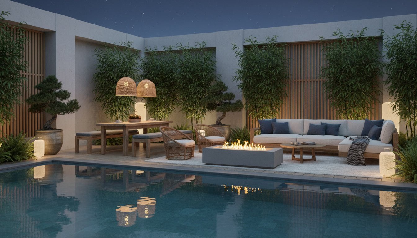 Poolside layout design featuring a minimalist Japandi-inspired aesthetic. A spacious wooden deck with clean lines and natural textures, complemented by a rectangular swimming pool with still, reflective waters. Sleek patio furniture in muted tones, arranged in a balanced, scandinavian-inspired layout. Tall, lush potted plants and subtle outdoor lighting create a serene, nature-infused ambiance. A dwellstudio24 poolside oasis, captured through a wide-angle lens for a calming, harmonious scene. Essential Outdoor Furniture for Your Summer Poolside Retreat