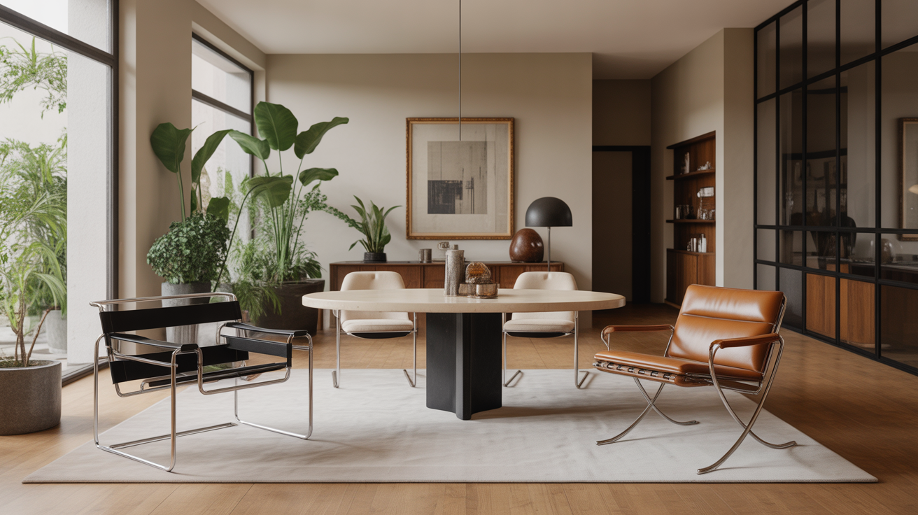 A beautifully arranged living space featuring Bauhaus style furniture. In the foreground, a sleek, minimalist coffee table with clean lines and geometric shapes, crafted from light wood. Flanking the table, a pair of elegant chairs upholstered in muted colors that reflect Scandinavian design sensibilities. The middle ground showcases a stylish sofa with straight edges and soft, comfortable cushions in a neutral palette. The background captures a tastefully decorated wall with subtle artwork that enhances the modern aesthetic. Soft, natural lighting streams in from a large window, casting gentle shadows that accentuate the textures of the furniture. The atmosphere is serene and inviting, embodying the principles of functionality and simplicity inherent in Bauhaus design. The image is captured from a slightly elevated angle, providing a comprehensive view of the harmonious interior. Bauhaus Style Furniture