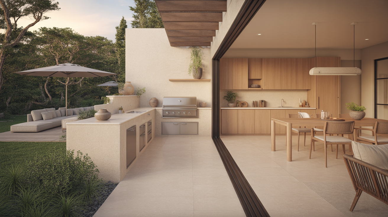 A cozy small backyard outdoor kitchen layout with a built-in grill, designed in a Japandi style. The foreground features a sleek, minimalist countertop with elegant utensils and a serene potted plant. In the middle ground, vibrant greenery surrounds the area, with a modern, integrated grill station offering a touch of Scandinavian design. Simple wooden stools with soft cushions provide seating, enhancing the inviting atmosphere. The background captures a serene garden with lush trees under a clear blue sky, casting gentle, dappled sunlight across the space. The image is taken from a slightly elevated angle, emphasizing the harmony of design and nature, evoking a tranquil, yet functional outdoor oasis perfect for gatherings. A cozy small backyard outdoor kitchen layout with a built-in grill, designed in a Japandi style.