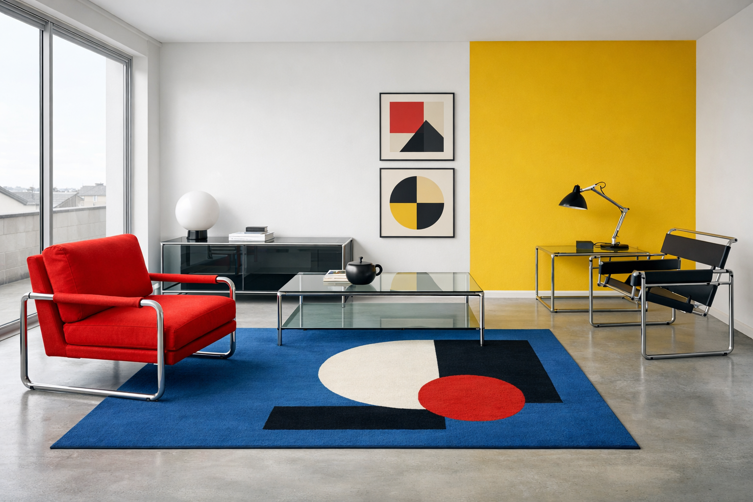 A minimalist interior scene inspired by the Bauhaus color palette featuring geometric shapes and clean lines.