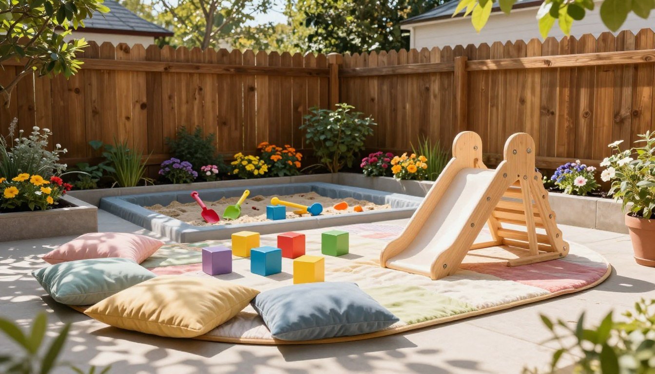 A cozy, inviting backyard toddler play area designed for small spaces. In the foreground, a soft, colorful play mat layered with plush cushions surrounds a low-profile wooden climbing structure. Brightly colored blocks and a small, age-appropriate slide encourage active play. In the middle ground, a compact sandbox with cheerful toy shovels is surrounded by neatly arranged flower beds, showcasing pops of color. A quaint wooden fence encloses the area, giving a sense of safety and privacy. In the background, gentle sunlight filters through leafy trees, casting playful shadows on the ground, creating a warm and cheerful atmosphere. The scene embodies the minimalist and natural aesthetic of Japandi style, blending elements of Scandinavian design with a child-friendly touch, perfect for maximizing small backyard spaces. 30 Brilliant Backyard Playground Ideas for Kids They’ll Love