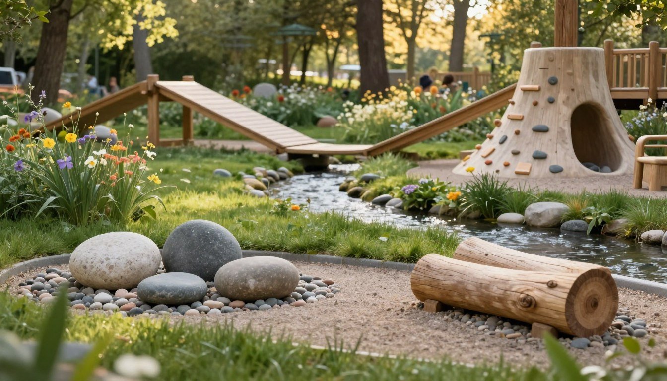 A serene natural outdoor play space designed for sensory exploration, featuring a blend of earthy textures and soft colors. In the foreground, incorporate a variety of large, smooth pebbles and wooden logs arranged playfully, with lush, green grass providing a soft base. The middle ground showcases a small, gently flowing stream with wildflowers dotting the edges, while a rustic wooden balance beam and tactile climbing structures invite children to engage. In the background, tall trees filter warm, dappled sunlight through their leaves, creating a cozy, inviting atmosphere. The scene is vibrant yet calming, embodying a sense of adventure and discovery in a Scandinavian-inspired minimalist setting, captured in soft focus to highlight the tranquility of nature and play. 30 Brilliant Backyard Playground Ideas for Kids They’ll Love