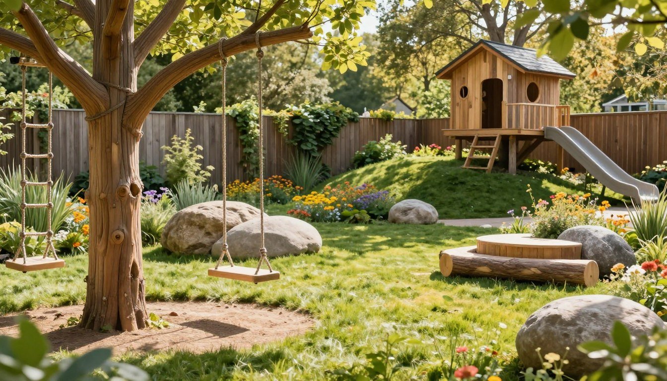 A serene nature playground backyard designed for children's adventure, featuring a variety of natural elements. In the foreground, a wooden climbing frame shaped like a tree, with rope ladders and hanging swings made from thick, durable ropes. In the middle, a soft, grassy area with colorful wildflowers, inviting a playful atmosphere, while decorative boulders and logs create natural seating. In the background, a small fence adorned with climbing plants, a gentle slope leading to a rustic treehouse with a slide. Bright, warm sunlight filters through the trees, casting playful shadows, enhancing the sense of an enchanted outdoor space. The mood is joyful and inviting, perfect for imaginative play, embodying a minimalist and Scandinavian design. 30 Brilliant Backyard Playground Ideas for Kids They’ll Love
