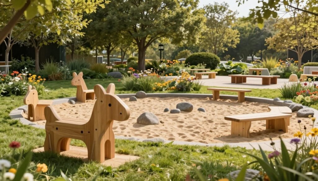 A serene outdoor play area designed for children, featuring a blend of natural materials and seasonal activities. In the foreground, inviting wooden play structures shaped like animals, nestled among soft grass. The middle ground showcases a sand pit surrounded by stones and small benches, with colorful wildflowers adding splashes of color. In the background, lush trees provide shade, with a picnic area and weather-resistant furniture crafted in a minimalist Japandi style. The scene is bathed in warm, soft sunlight, casting gentle shadows that enhance the peaceful atmosphere. The image captures a harmonious blend of playfulness and tranquility, illustrating a perfect eco-friendly space for kids to explore and enjoy year-round. 30 Brilliant Backyard Playground Ideas for Kids They’ll Love