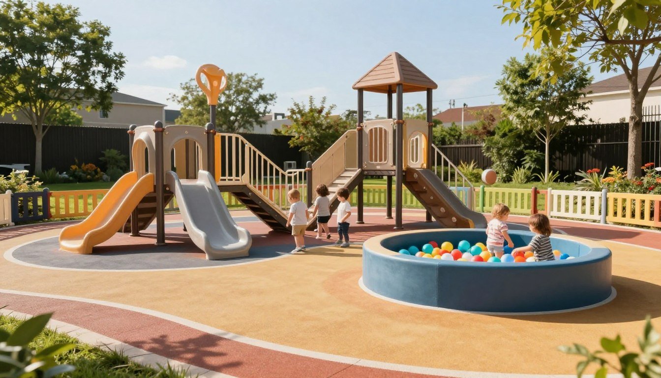 A sunny outdoor toddler play area, thoughtfully designed with safe and durable flooring. In the foreground, vibrant rubber matting in soft hues, ideal for little feet. In the middle ground, a variety of engaging play equipment like a small slide, a climbing frame, and colorful ball pits, all surrounded by low fences for safety. A few toddlers, dressed in modest casual clothing, are joyfully playing together under a clear blue sky. In the background, lush green grass and carefully placed trees provide shade, creating a serene atmosphere. The lighting is warm and natural, casting gentle shadows that enhance the playful feel of the scene. This image embodies a safe, inviting space for young children to explore and have fun. 30 Brilliant Backyard Playground Ideas for Kids They’ll Love
