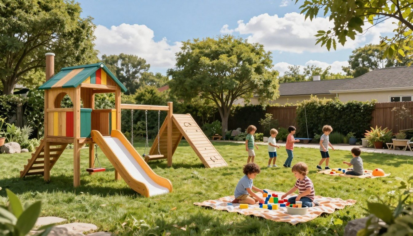 A vibrant DIY kids play area outdoors, set in a spacious backyard. In the foreground, a colorful wooden playhouse with a slide and swings, surrounded by soft green grass and a cozy picnic blanket. Children in modest casual clothing are playing joyfully, engaging with various toys such as building blocks and a small sandbox. In the middle ground, a small climbing structure made of natural materials blends harmoniously into the landscape. The background features tall, leafy trees providing gentle shade, with a bright blue sky and fluffy white clouds overhead. The lighting is warm and inviting, creating a cheerful atmosphere. Capture the scene from a slightly elevated angle to showcase the entire play area and its surroundings, evoking a sense of adventure and creativity in a family-friendly environment. 30 Brilliant Backyard Playground Ideas for Kids They’ll Love
