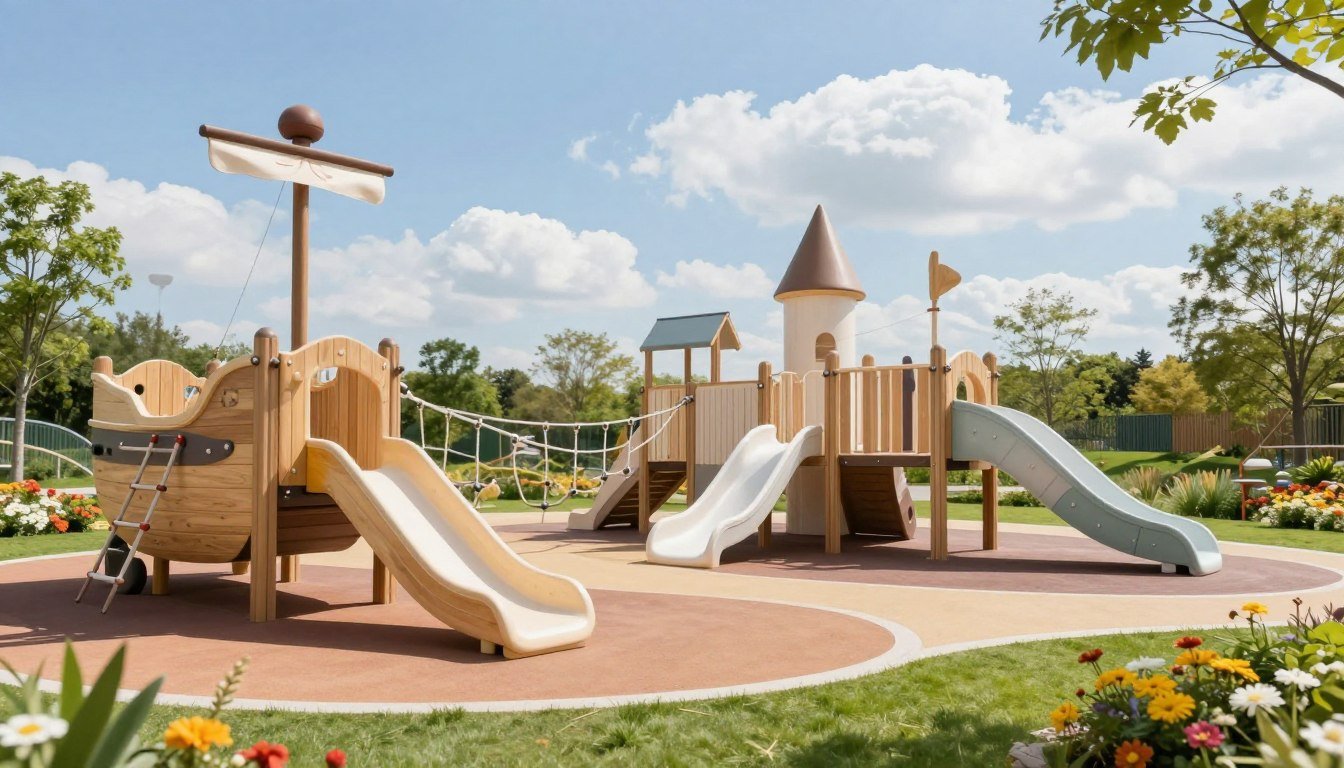 A vibrant outdoor play area for kids, featuring a mix of themed playground structures in a bright, sunny atmosphere. In the foreground, a colorful wooden pirate ship with slides and climbing ropes invites adventure. The midground showcases a whimsical fairy tale castle with a small slide, surrounded by soft green grass and bright flowers. In the background, a vast blue sky dotted with fluffy clouds and distant trees enhance the sense of openness. Natural sunlight casts playful shadows, creating a joyful and inviting mood. The scene captures a minimalist, Scandinavian-inspired design with gentle curves and calming colors, emphasizing a safe and cheerful environment for children to explore and play. 30 Brilliant Backyard Playground Ideas for Kids They’ll Love