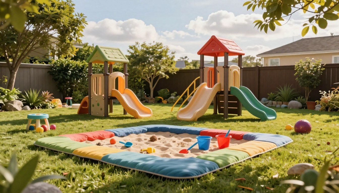 A vibrant outdoor toddler play area nestled in a sunny backyard, featuring a soft grass surface and a variety of play structures designed for young children. In the foreground, a colorful sandbox with small shovels and buckets, surrounded by plush, well-maintained play mats. The middle ground showcases a small, safe slide and a climbing frame, both made from non-toxic materials, while cheerful toys dot the scene. In the background, lush greenery with gentle trees providing shade, and a sky filled with gentle, fluffy clouds for a serene atmosphere. The lighting is warm and inviting, casting soft shadows that enhance the playful mood. The angle captures the full view of the play area, inviting parents to envision a safe and engaging space for their toddlers. 30 Brilliant Backyard Playground Ideas for Kids They’ll Love