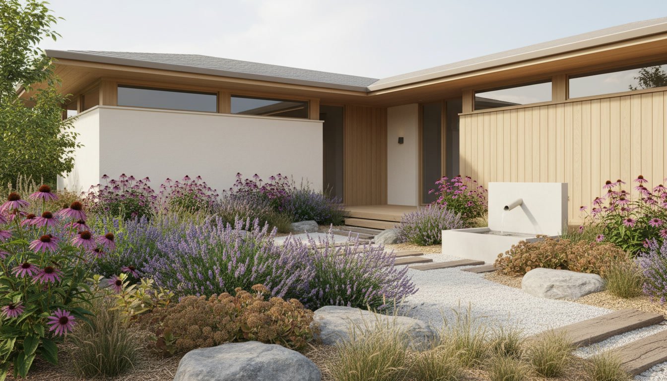 A serene low maintenance front yard landscape, featuring minimalistic plant arrangements and efficient design. In the foreground, a tidy rock garden with a mix of gravel and smooth stones, interspersed with drought-resistant succulents and ornamental grasses. The middle ground showcases a neatly trimmed path of pavers leading to a simple porch, bordered by low-growing flowering plants. In the background, a soft palette of greenery with a few native trees flanking the edges, creating a harmonious blend. The scene is bathed in warm, golden afternoon light, casting gentle shadows and creating a tranquil atmosphere. Capture the image from a slightly elevated angle to emphasize the overall layout and design, reflecting an inviting yet effortless home exterior. Curb Appeal Landscaping: 12 Best Front Yard Landscaping Ideas for a Stunning Modern Home