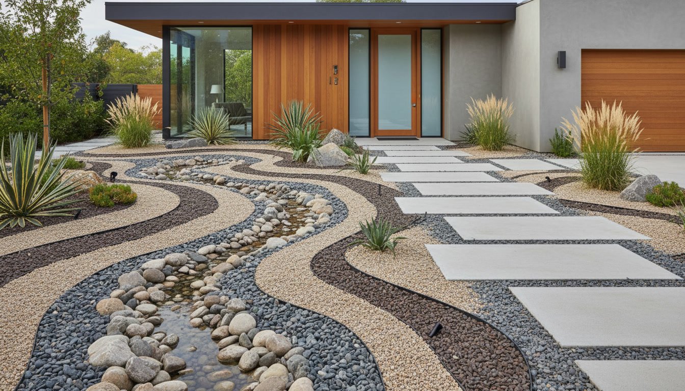 A serene outdoor scene showcasing creative rock landscaping ideas in a Japandi style garden. In the foreground, a variety of smooth, rounded stones mixed with angular slate pieces create an eye-catching rock garden, surrounded by lush green moss and small, colorful succulents. The middle section features a carefully designed pathway made of flat stones leading to an elegant wooden pergola adorned with delicate climbing plants. In the background, soft hills with minimalist tree silhouettes fade into a gentle sunset glow, casting warm, golden light across the landscape. The atmosphere is tranquil and inviting, ideal for a peaceful retreat. Use a wide-angle lens to capture the expansive beauty, emphasizing texture and harmony in nature. Curb Appeal Landscaping: 12 Best Front Yard Landscaping Ideas for a Stunning Modern Home