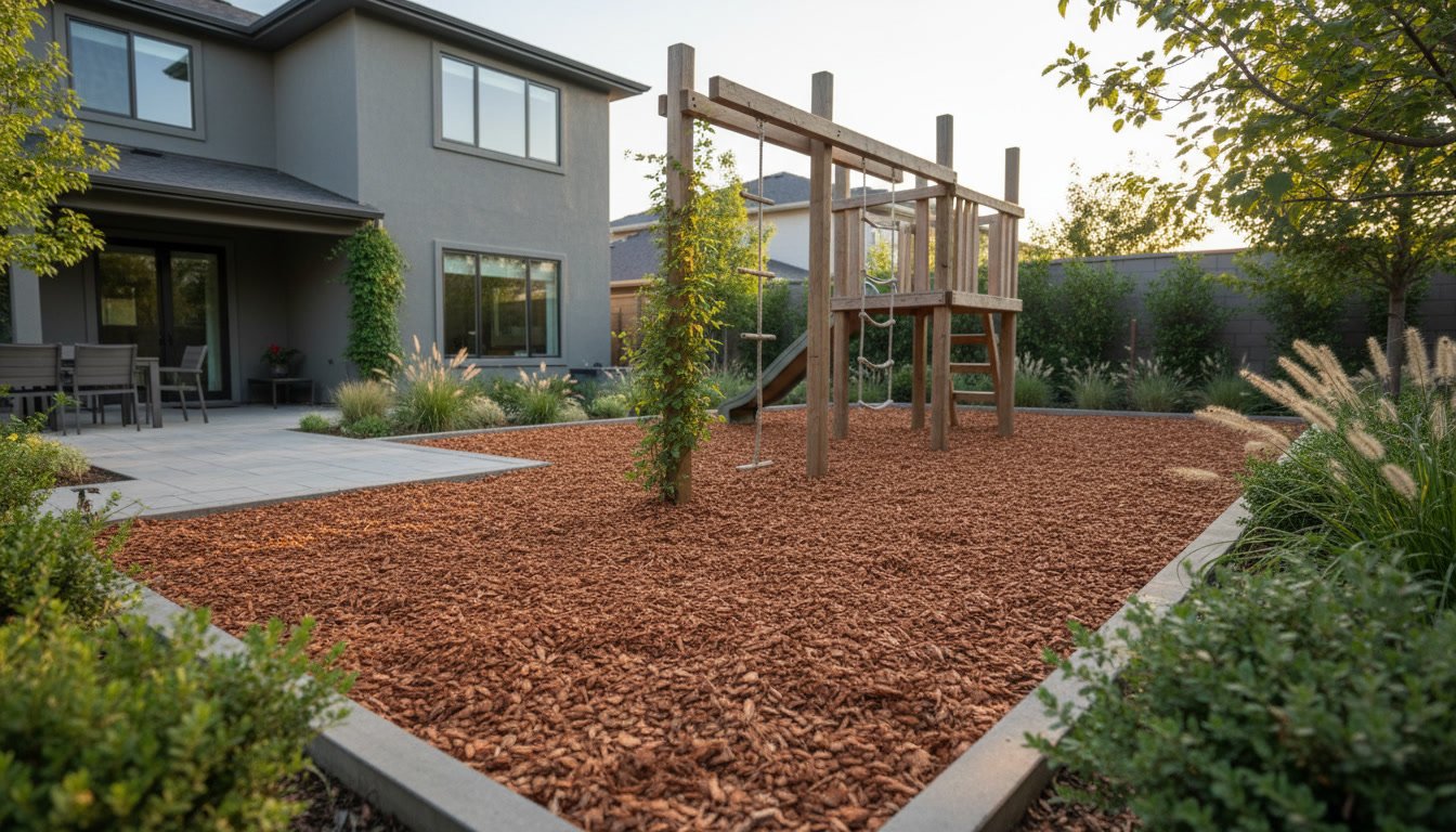 A sunny outdoor toddler play area, thoughtfully designed with safe and durable flooring. In the foreground, vibrant rubber matting in soft hues, ideal for little feet. In the middle ground, a variety of engaging play equipment like a small slide, a climbing frame, and colorful ball pits, all surrounded by low fences for safety. A few toddlers, dressed in modest casual clothing, are joyfully playing together under a clear blue sky. In the background, lush green grass and carefully placed trees provide shade, creating a serene atmosphere. The lighting is warm and natural, casting gentle shadows that enhance the playful feel of the scene. This image embodies a safe, inviting space for young children to explore and have fun. 30 Brilliant Backyard Playground Ideas for Kids They’ll Love