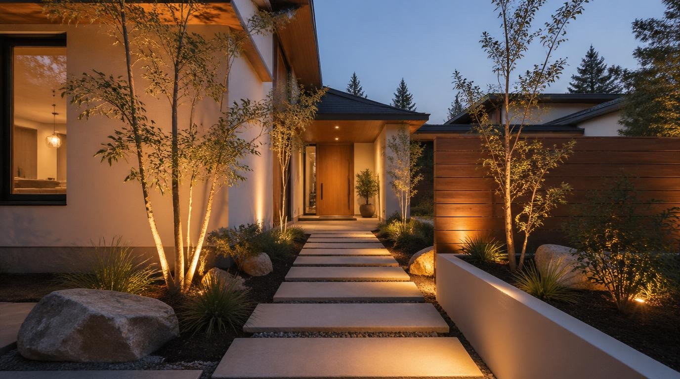 A beautifully landscaped front yard showcasing modern curb appeal, featuring elegant outdoor lighting fixtures casting a warm, inviting glow. In the foreground, a meticulously designed stone path leads to a minimalist entrance, complemented by lush green shrubs and vibrant flowers in coordinated planters. The middle ground captures a sleek, Scandinavian-style porch with wooden accents, adorned with subtle lighting and decorative stones. In the background, a contemporary house with clean lines and large windows reflects the evening sky, with soft ambient lighting enhancing the architectural details. The scene is captured at twilight, with a slightly elevated angle that emphasizes the harmonious blend of nature and modern design, evoking a serene and welcoming atmosphere. Curb Appeal Landscaping: 12 Best Front Yard Landscaping Ideas for a Stunning Modern Home