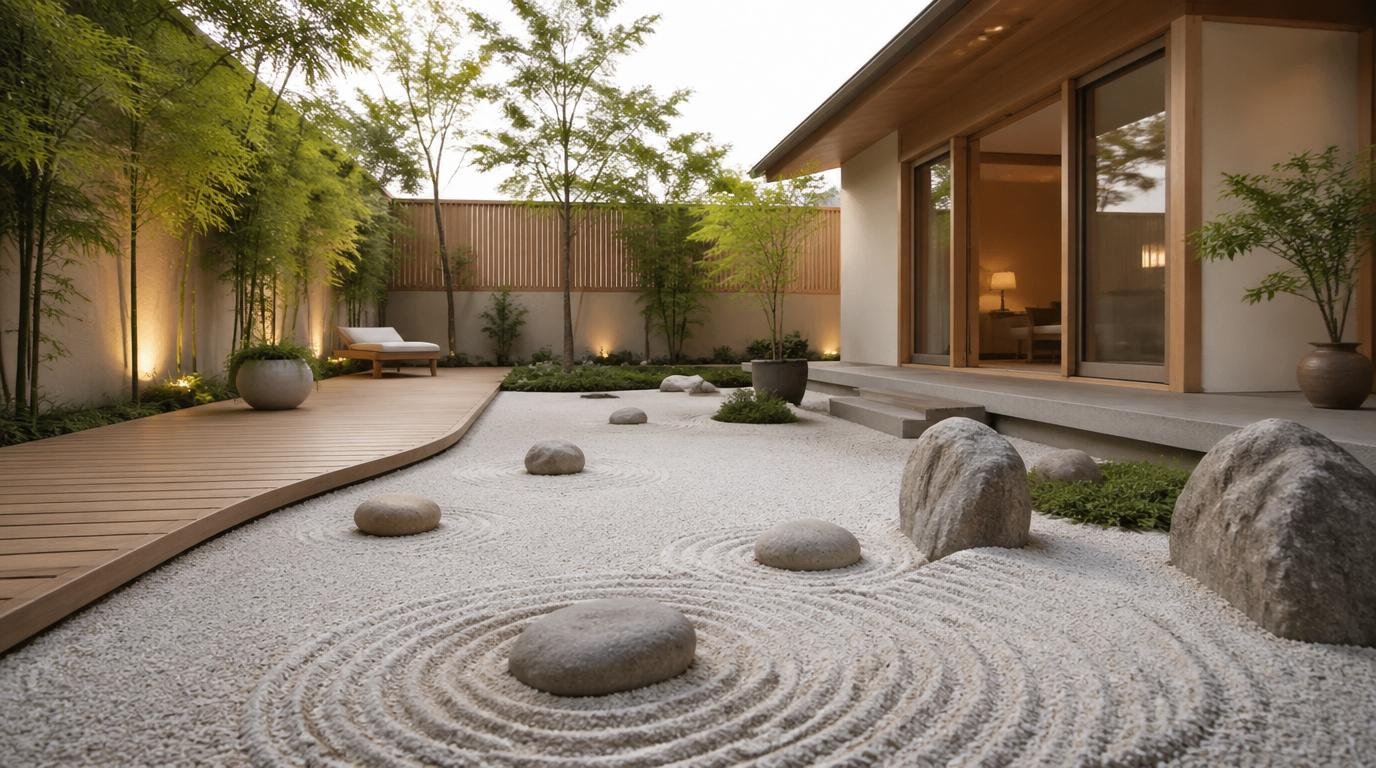 A contemporary desert landscape showcasing a serene backyard design for relaxation and utility. In the foreground, include minimalist wooden furniture arranged around a low, rustic stone fire pit, surrounded by carefully placed succulents and cacti. The middle ground features a clean, Zen-inspired gravel pathway leading to a small water feature that reflects the soft sunlight. In the background, depict rolling sand dunes with sparse, wind-sculpted vegetation under a vast blue sky with wispy clouds, cast in warm, golden hour lighting. The overall mood is tranquil and inviting, emphasizing simplicity and harmony with nature. Use a wide-angle lens perspective to capture the expansive feel of the desert while maintaining the intimate details of the backyard setting. Top 15 Desert Landscaping Ideas to Creat a Stunning, Low Maintenance Oasis