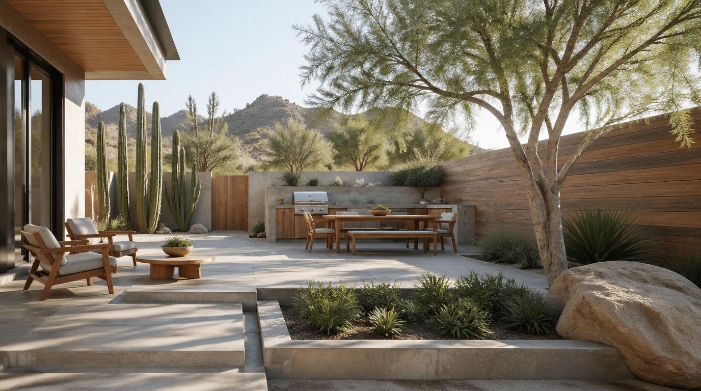 A contemporary desert landscape showcasing a serene backyard design for relaxation and utility. In the foreground, include minimalist wooden furniture arranged around a low, rustic stone fire pit, surrounded by carefully placed succulents and cacti. The middle ground features a clean, Zen-inspired gravel pathway leading to a small water feature that reflects the soft sunlight. In the background, depict rolling sand dunes with sparse, wind-sculpted vegetation under a vast blue sky with wispy clouds, cast in warm, golden hour lighting. The overall mood is tranquil and inviting, emphasizing simplicity and harmony with nature. Use a wide-angle lens perspective to capture the expansive feel of the desert while maintaining the intimate details of the backyard setting. Top 15 Desert Landscaping Ideas to Creat a Stunning, Low Maintenance Oasis