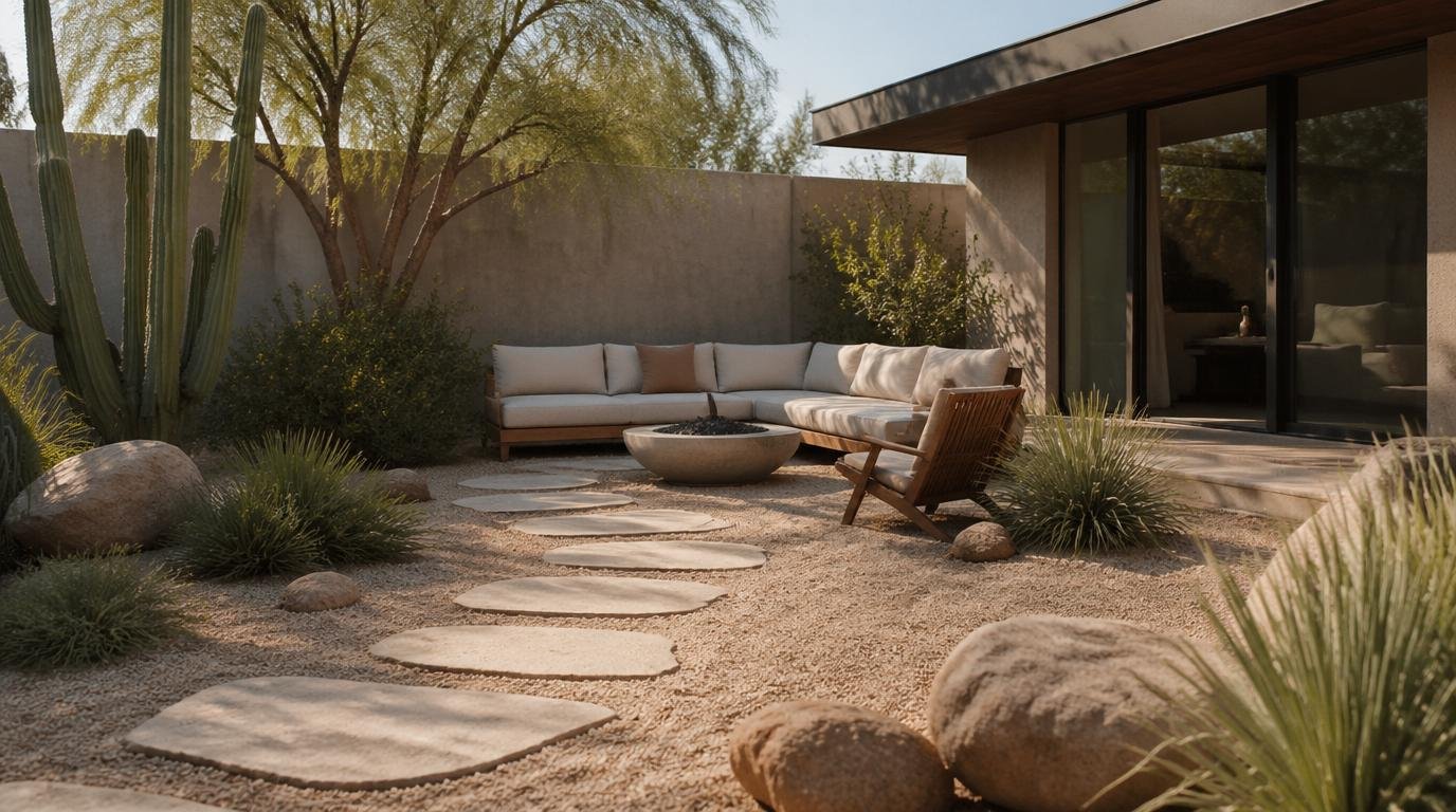 A beautifully transformed desert backyard featuring a modern makeover with a Japandi style. In the foreground, a minimalist outdoor seating area with stylish, light-colored furniture and soft cushions rests on smooth pebbles. The middle ground showcases an array of drought-resistant plants and decorative sand-filled planters, complemented by a sleek water feature that gently flows. The background reveals a serene desert landscape under a bright blue sky, with distant mountains capturing the essence of the region. Soft, warm lighting creates an inviting atmosphere as the sun begins to set, casting gentle shadows. The scene is captured with a wide-angle lens to emphasize the open space and harmony of nature and design, reflecting a chic, sustainable approach to desert living. Top 15 Desert Landscaping Ideas to Creat a Stunning, Low Maintenance Oasis