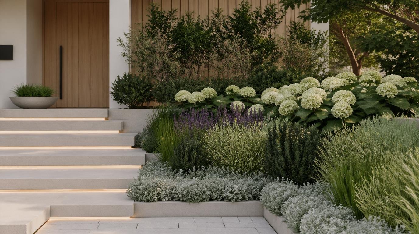 A serene garden landscape showcasing essential elements for visual interest in landscaping. In the foreground, vibrant flower beds filled with colorful perennials and ornamental grasses create a lively display. The middle ground features a well-manicured lawn framing a central pathway made of natural stone leading to a cozy seating area with minimalist, Scandinavian-style outdoor furniture. In the background, tall trees and evergreen shrubs provide structure and privacy, while soft sunlight filters through the foliage, casting gentle shadows. The mood is tranquil and inviting, perfect for enjoying nature’s beauty. Capture this scene with a wide-angle lens to emphasize depth and harmony within the garden composition. Curb Appeal Landscaping: 12 Best Front Yard Landscaping Ideas for a Stunning Modern Home