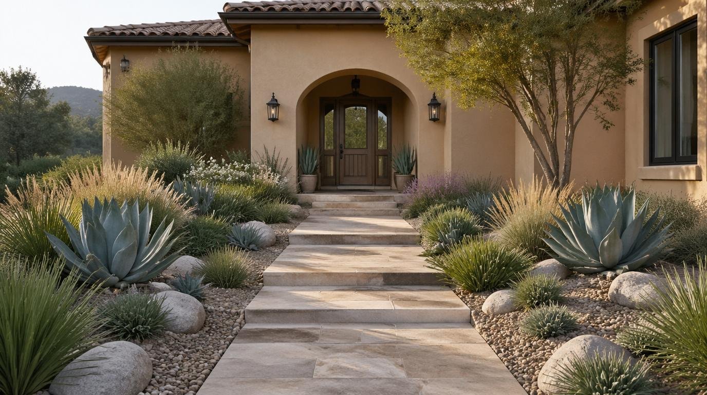 A serene low maintenance front yard landscape, featuring minimalistic plant arrangements and efficient design. In the foreground, a tidy rock garden with a mix of gravel and smooth stones, interspersed with drought-resistant succulents and ornamental grasses. The middle ground showcases a neatly trimmed path of pavers leading to a simple porch, bordered by low-growing flowering plants. In the background, a soft palette of greenery with a few native trees flanking the edges, creating a harmonious blend. The scene is bathed in warm, golden afternoon light, casting gentle shadows and creating a tranquil atmosphere. Capture the image from a slightly elevated angle to emphasize the overall layout and design, reflecting an inviting yet effortless home exterior. Curb Appeal Landscaping: 12 Best Front Yard Landscaping Ideas for a Stunning Modern Home