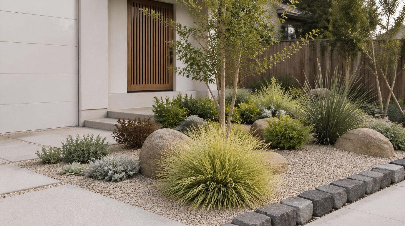 A small, low-maintenance front yard landscape designed in a Japandi style, emphasizing minimalism and Scandinavian aesthetics. In the foreground, feature a tidy arrangement of native shrubs with soft green foliage and ornamental grasses that require minimal watering. The middle layer showcases a gravel pathway winding through the yard, bordered by small rocks and drought-resistant plants. In the background, a low wooden fence and a vibrant, simple flower bed with pops of color create a welcoming atmosphere. The setting is bathed in soft, natural sunlight during golden hour, casting gentle shadows and highlighting the textures of the plants and materials. The mood is serene and inviting, ideal for a cozy home exterior. Curb Appeal Landscaping: 12 Best Front Yard Landscaping Ideas for a Stunning Modern Home