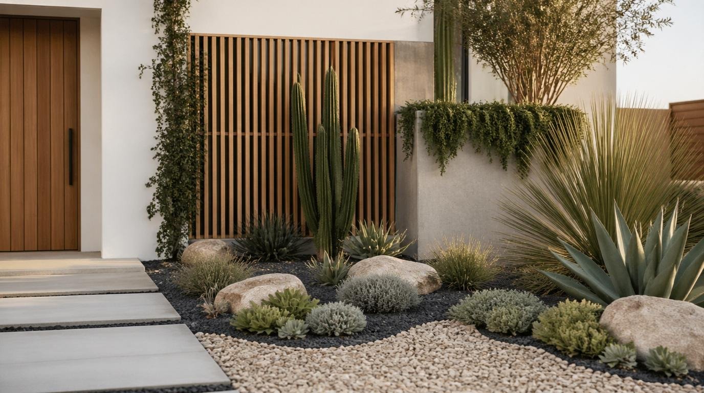 A serene small front yard landscape showcasing low-maintenance design elements inspired by Japandi and Scandinavian styles. In the foreground, a neat gravel path leads through a minimalist garden filled with drought-resistant plants like succulents and ornamental grasses. A wooden bench, crafted with clean lines, provides a tranquil resting spot. In the middle ground, a cluster of soft boulders complements the serene greenery, while a small water feature adds a touch of calm. The background features a clean-lined minimalist house with large windows, surrounded by neutral-toned fences. The lighting is warm and inviting, capturing a late afternoon glow, enhancing the tranquil and harmonious atmosphere of the yard. The angle is slightly elevated to provide a comprehensive view of this peaceful outdoor space. Top 15 Desert Landscaping Ideas to Creat a Stunning, Low Maintenance Oasis