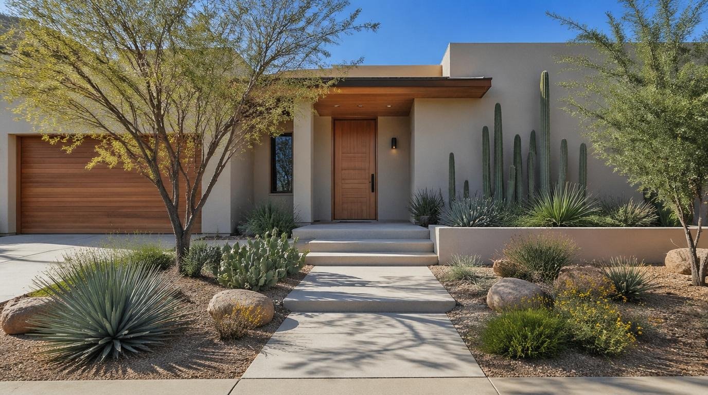A serene low maintenance front yard landscape, featuring minimalistic plant arrangements and efficient design. In the foreground, a tidy rock garden with a mix of gravel and smooth stones, interspersed with drought-resistant succulents and ornamental grasses. The middle ground showcases a neatly trimmed path of pavers leading to a simple porch, bordered by low-growing flowering plants. In the background, a soft palette of greenery with a few native trees flanking the edges, creating a harmonious blend. The scene is bathed in warm, golden afternoon light, casting gentle shadows and creating a tranquil atmosphere. Capture the image from a slightly elevated angle to emphasize the overall layout and design, reflecting an inviting yet effortless home exterior. Curb Appeal Landscaping: 12 Best Front Yard Landscaping Ideas for a Stunning Modern Home