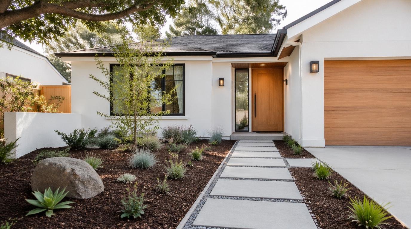 A beautifully landscaped front yard showcasing curb appeal in a suburban neighborhood. In the foreground, vibrant flower beds filled with seasonal blooms like tulips and daisies create a colorful border along a well-maintained pathway. The middle ground features lush green grass, meticulously trimmed hedges, and a modern wooden bench inviting relaxation. At the back, a stylish home with a Japandi style façade, blending minimalist design with Scandinavian influences, sits under a clear blue sky. Soft, warm lighting casts gentle shadows, enhancing the tranquility of the scene. The overall atmosphere is serene and inviting, reflecting a commitment to seasonal maintenance that ensures lasting curb appeal. Curb Appeal Landscaping: 12 Best Front Yard Landscaping Ideas for a Stunning Modern Home