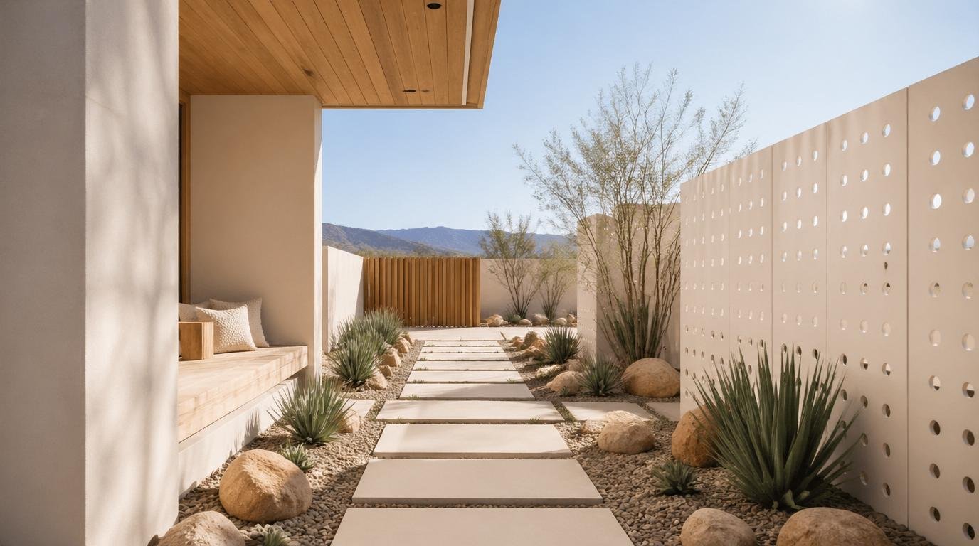 A contemporary desert landscape showcasing a minimalist oasis with lush, xeriscaped gardens. In the foreground, smooth, rounded stones create a natural path leading to a small, elegant pond surrounded by native succulents and desert flora. The middle ground features a sleek, modern pavilion made of wood and glass, harmoniously blending with the landscape. In the background, gentle sand dunes rise under a clear blue sky, accentuated by the warm glow of the golden hour sunlight casting long shadows. The atmosphere is serene and calm, evoking a sense of tranquility and connection to nature. The angle emphasizes depth, highlighting the layers of plant life and the architectural elements of the design, capturing the essence of contemporary desert landscaping. Top 15 Desert Landscaping Ideas to Creat a Stunning, Low Maintenance Oasis